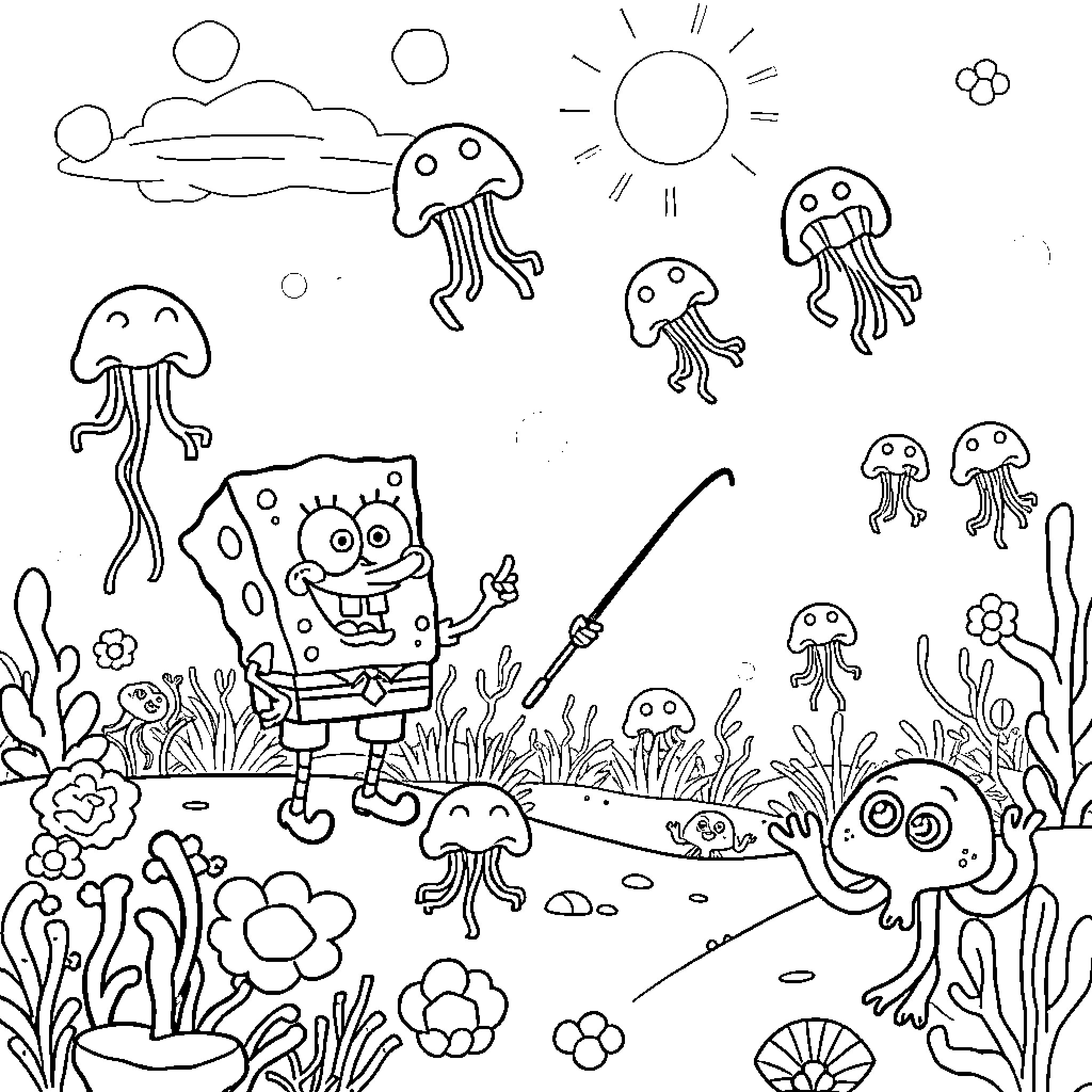 Spongebob enjoys an underwater adventure with friends Coloring Page (free black-and-white line drawing printable PDF for all, from beginners to advanced learners, including children, teens, adults, and seniors)