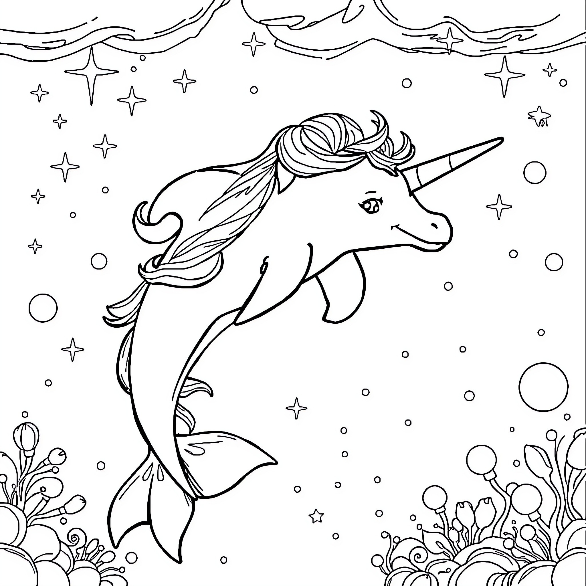 Unicorn Dolphin swimming gracefully in the magical sea Coloring Page (free black-and-white line drawing printable PDF for all, from beginners to advanced learners, including children, teens, adults, and seniors)