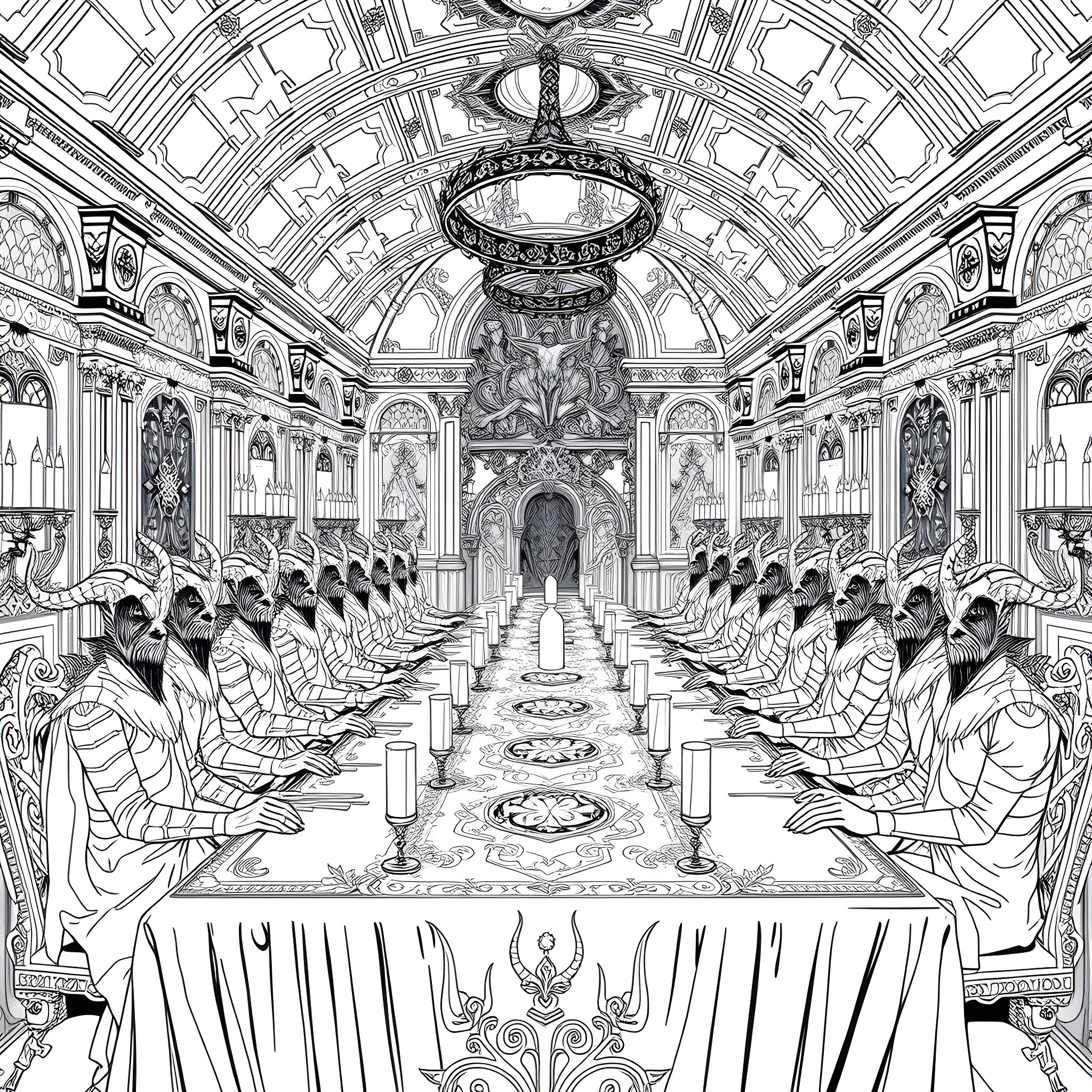 Demon Ritual Ceremony in Ornate Palace Hall Coloring Page (free black-and-white line drawing printable PDF for all, from beginners to advanced learners, including children, teens, adults, and seniors)