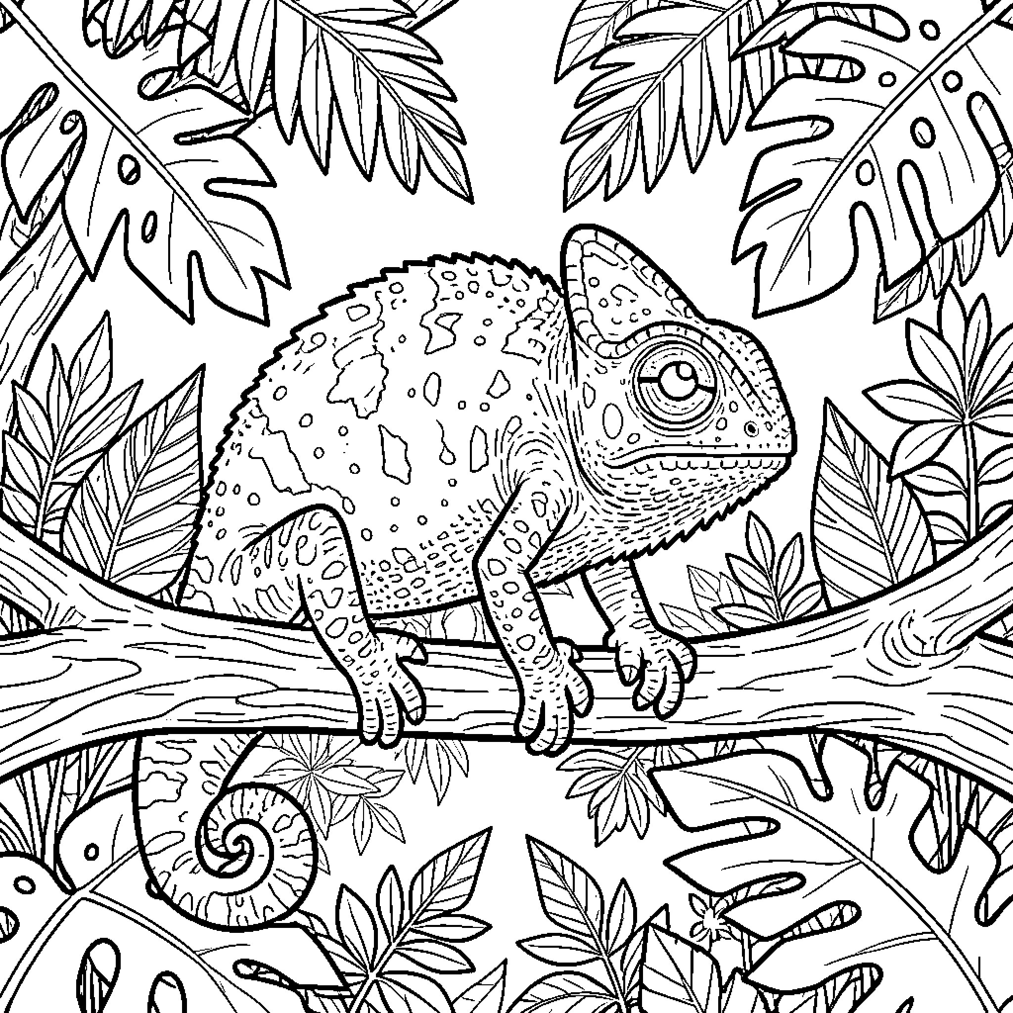 Chameleon exploring lush tropical foliage Coloring Page (free black-and-white line drawing printable PDF for all, from beginners to advanced learners, including children, teens, adults, and seniors)