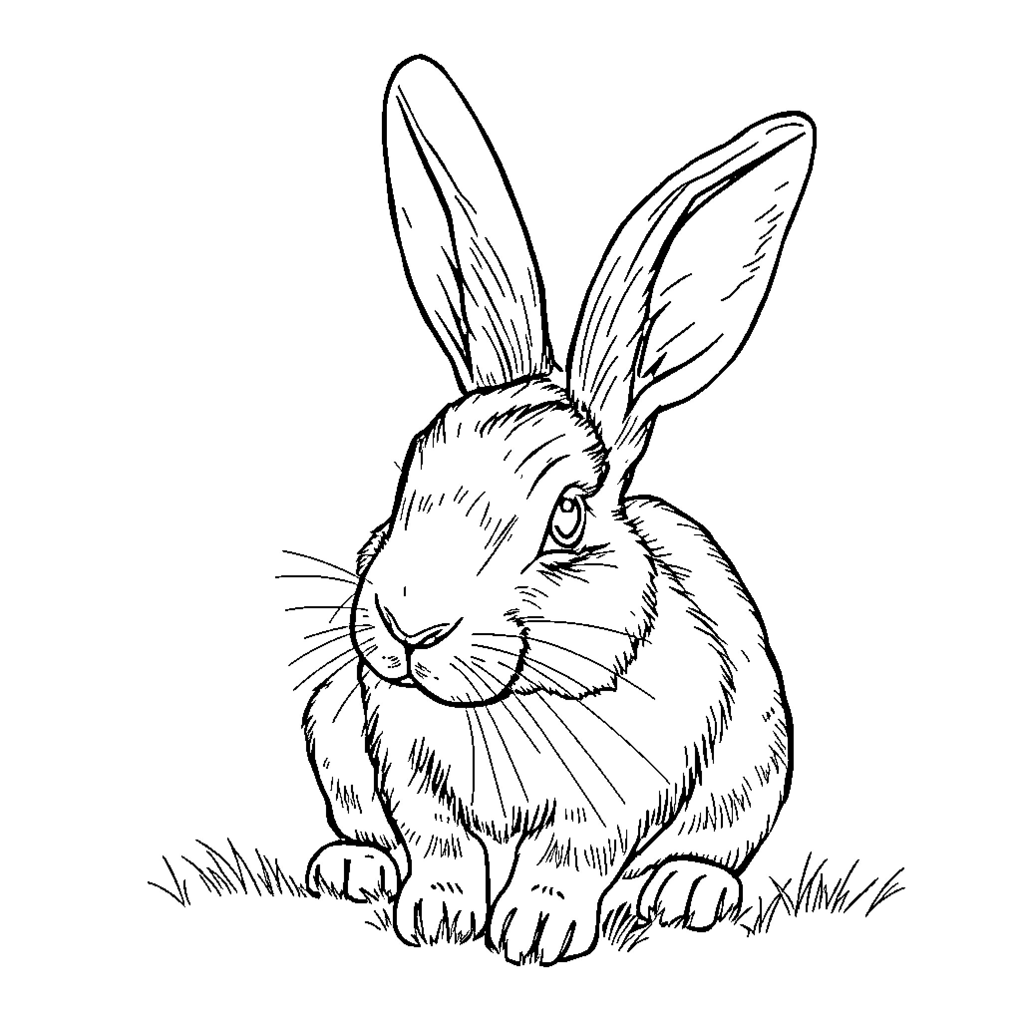 Rabbit sitting attentively in the grass Coloring Page (free black-and-white line drawing printable PDF for all, from beginners to advanced learners, including children, teens, adults, and seniors)
