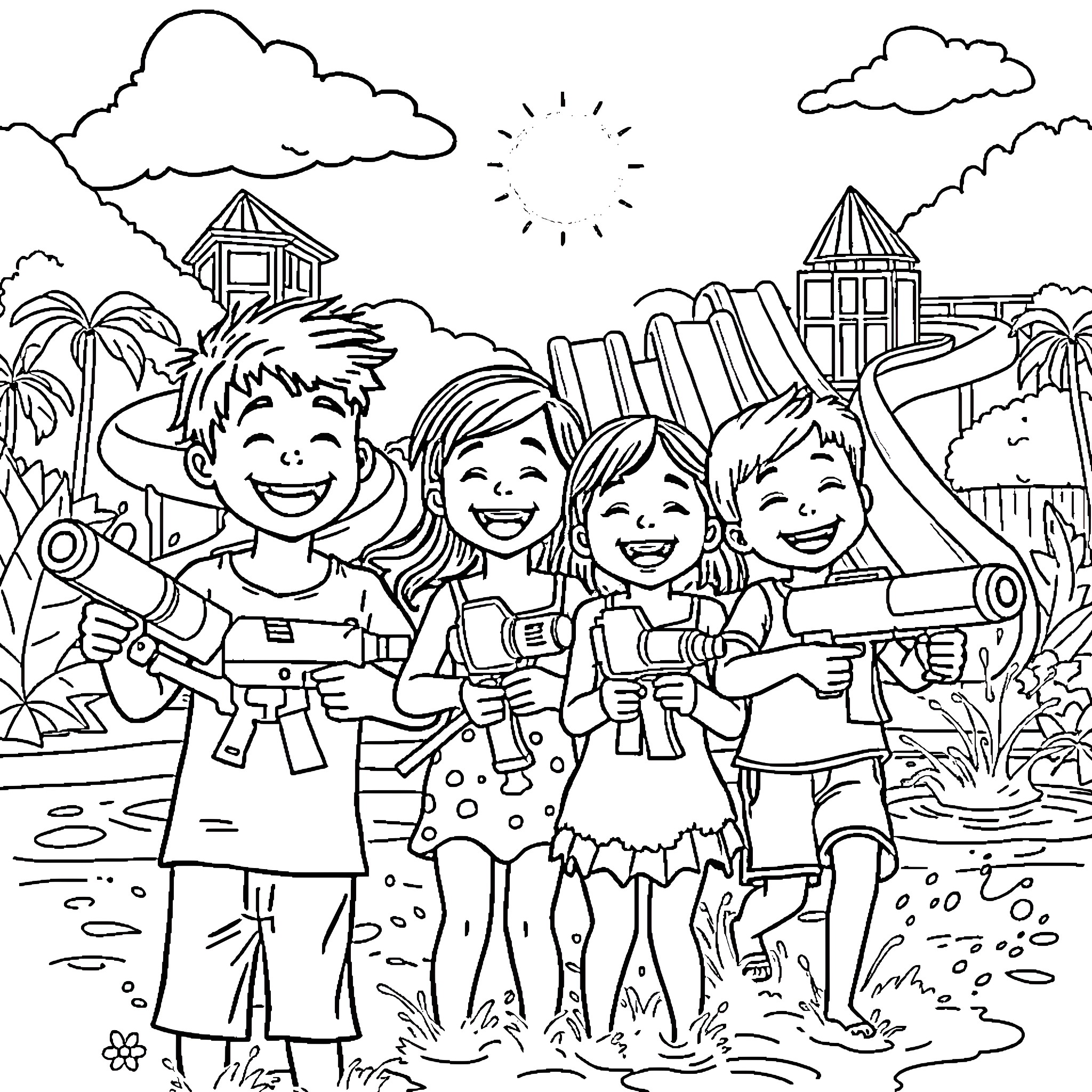 Kid friends having fun at the beach Coloring Page (free black-and-white line drawing printable PDF for all, from beginners to advanced learners, including children, teens, adults, and seniors)