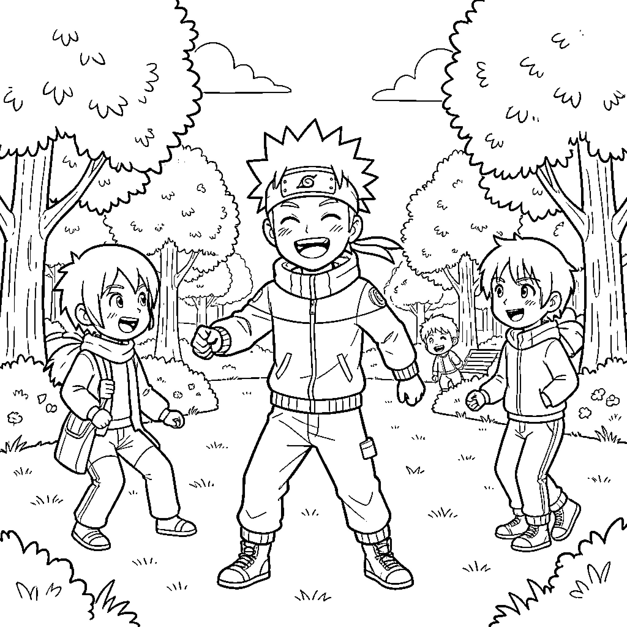 Naruto and friends explore the forest together Coloring Page (free black-and-white line drawing printable PDF for all, from beginners to advanced learners, including children, teens, adults, and seniors)