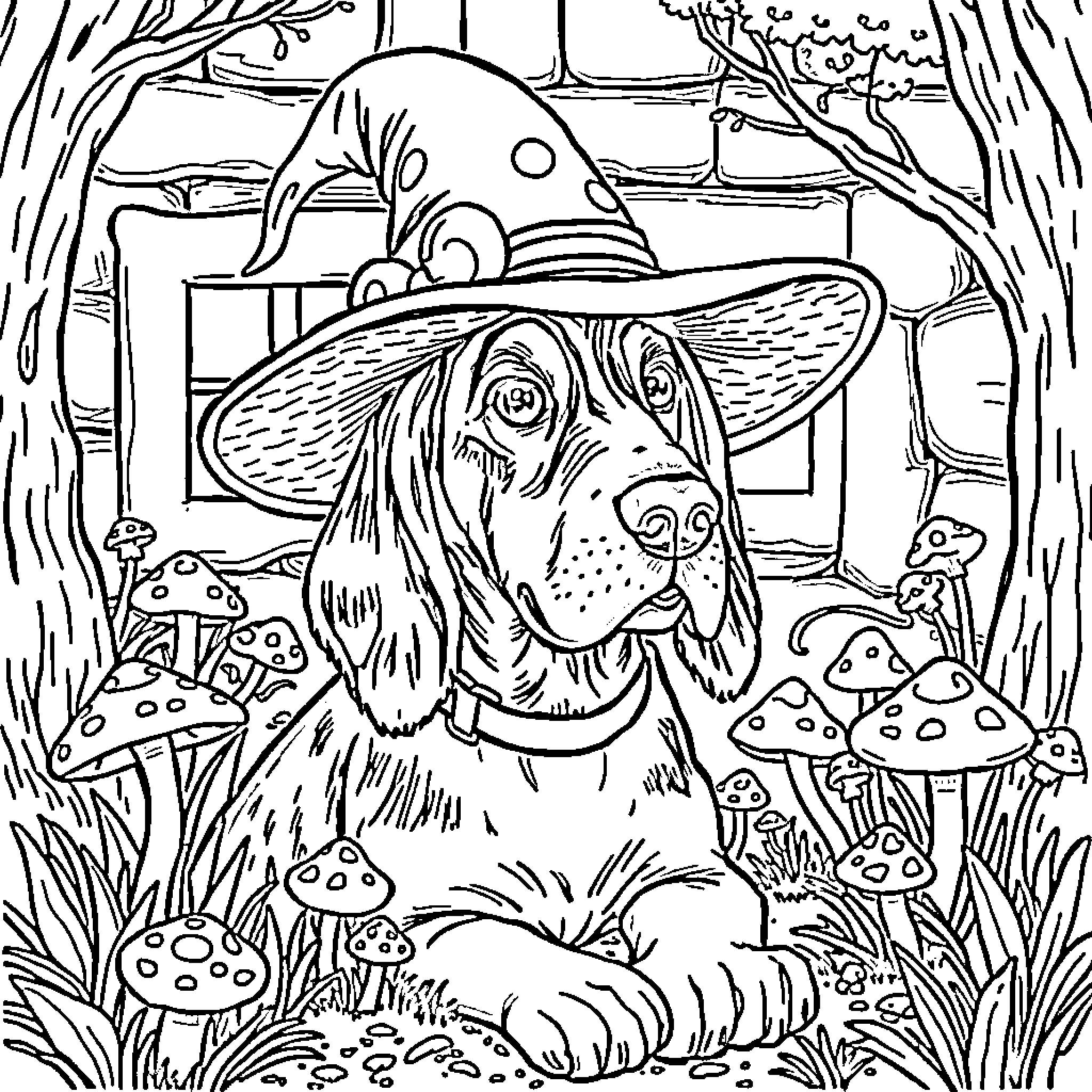 Bloodhound exploring the enchanted forest Coloring Page (free black-and-white line drawing printable PDF for all, from beginners to advanced learners, including children, teens, adults, and seniors)