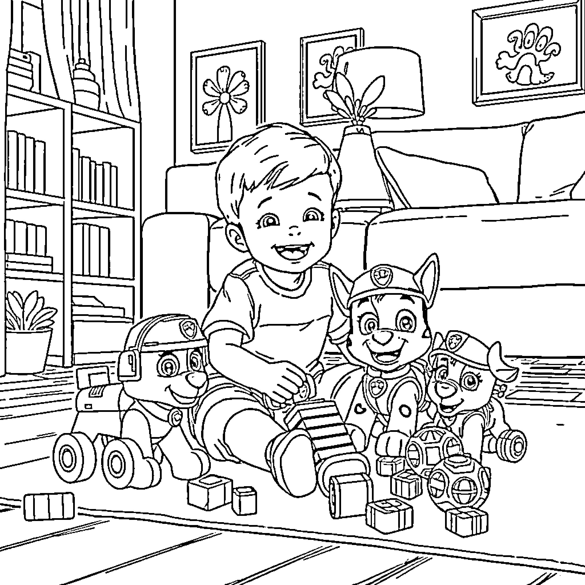 Boy playing joyfully with toy dogs in room Coloring Page (free black-and-white line drawing printable PDF for all, from beginners to advanced learners, including children, teens, adults, and seniors)