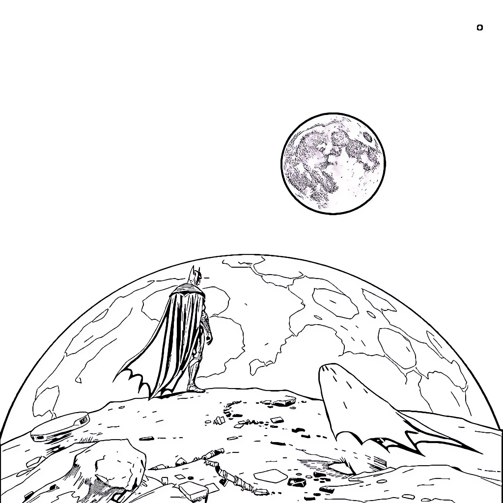 Batman surveying the world from a distant planet Coloring Page (free black-and-white line drawing printable PDF for all, from beginners to advanced learners, including children, teens, adults, and seniors)