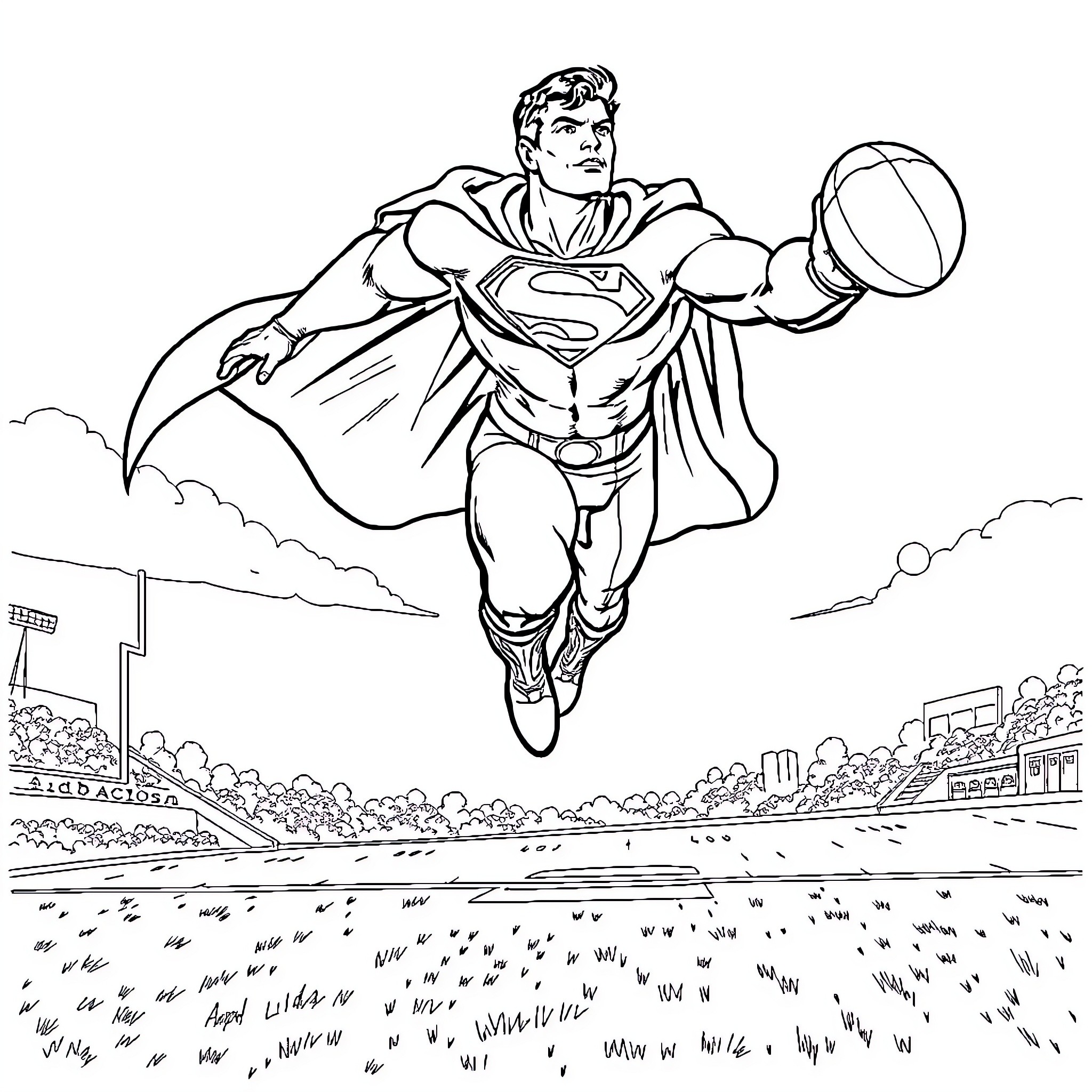 Superman soaring over the city with a ball Coloring Page (free black-and-white line drawing printable PDF for all, from beginners to advanced learners, including children, teens, adults, and seniors)