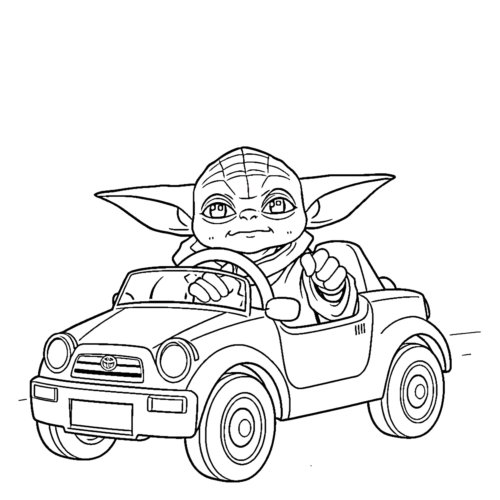 Yoda driving a toy car happily Coloring Page (free black-and-white line drawing printable PDF for all, from beginners to advanced learners, including children, teens, adults, and seniors)