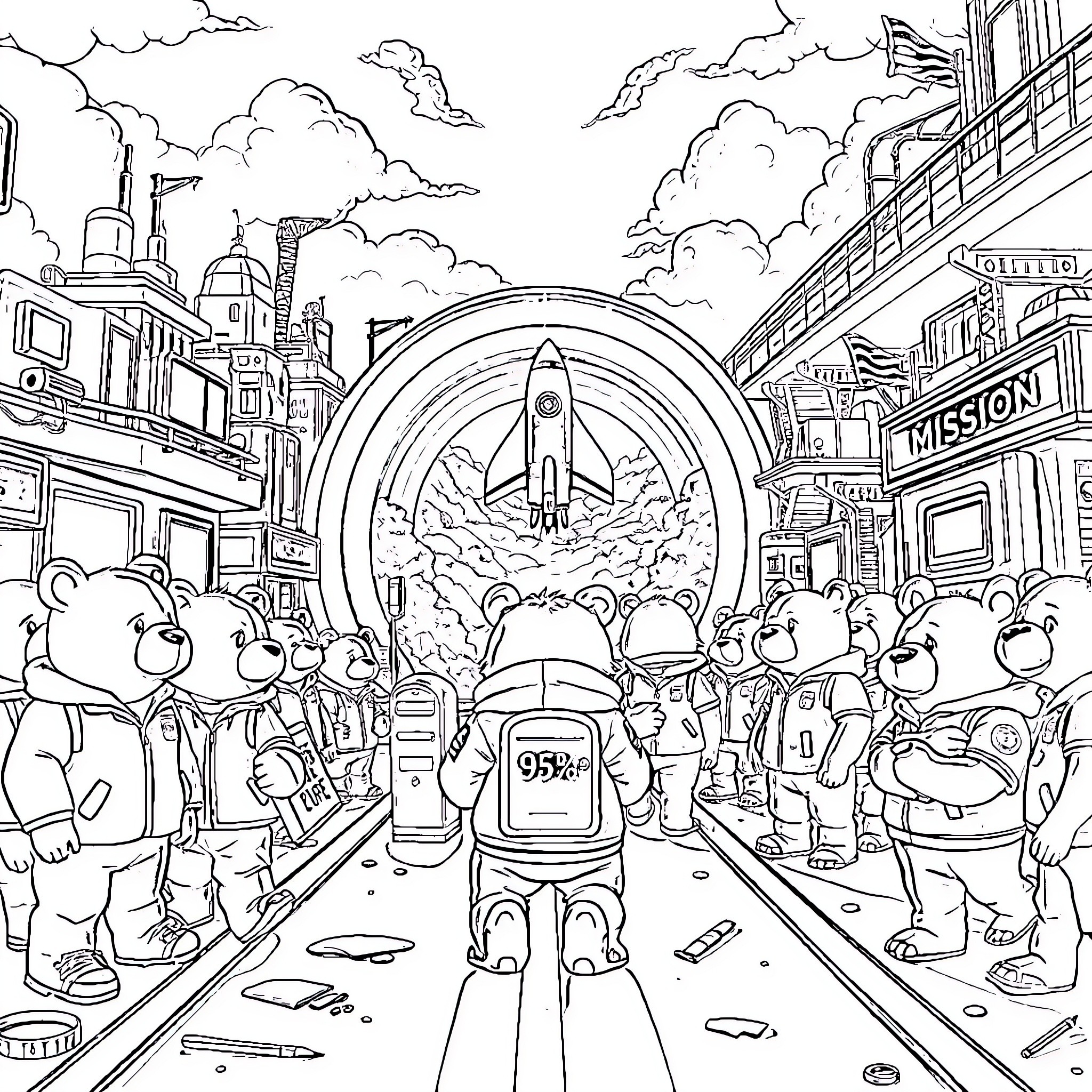 Bear witnesses a rocket launch in a bustling city Coloring Page (free black-and-white line drawing printable PDF for all, from beginners to advanced learners, including children, teens, adults, and seniors)