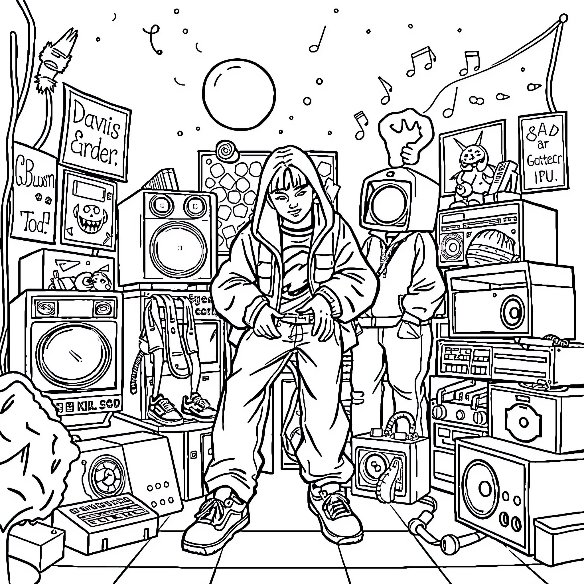 90s Nostalgia: Retro Music Enthusiast's Bedroom Coloring Page (free black-and-white line drawing printable PDF for all, from beginners to advanced learners, including children, teens, adults, and seniors)