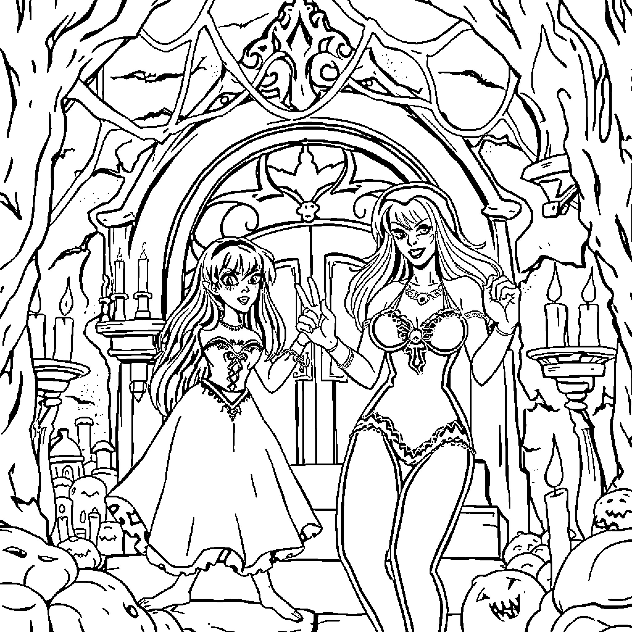 Xena and Elvira Exploring a Magical Castle Coloring Page (free black-and-white line drawing printable PDF for all, from beginners to advanced learners, including children, teens, adults, and seniors)