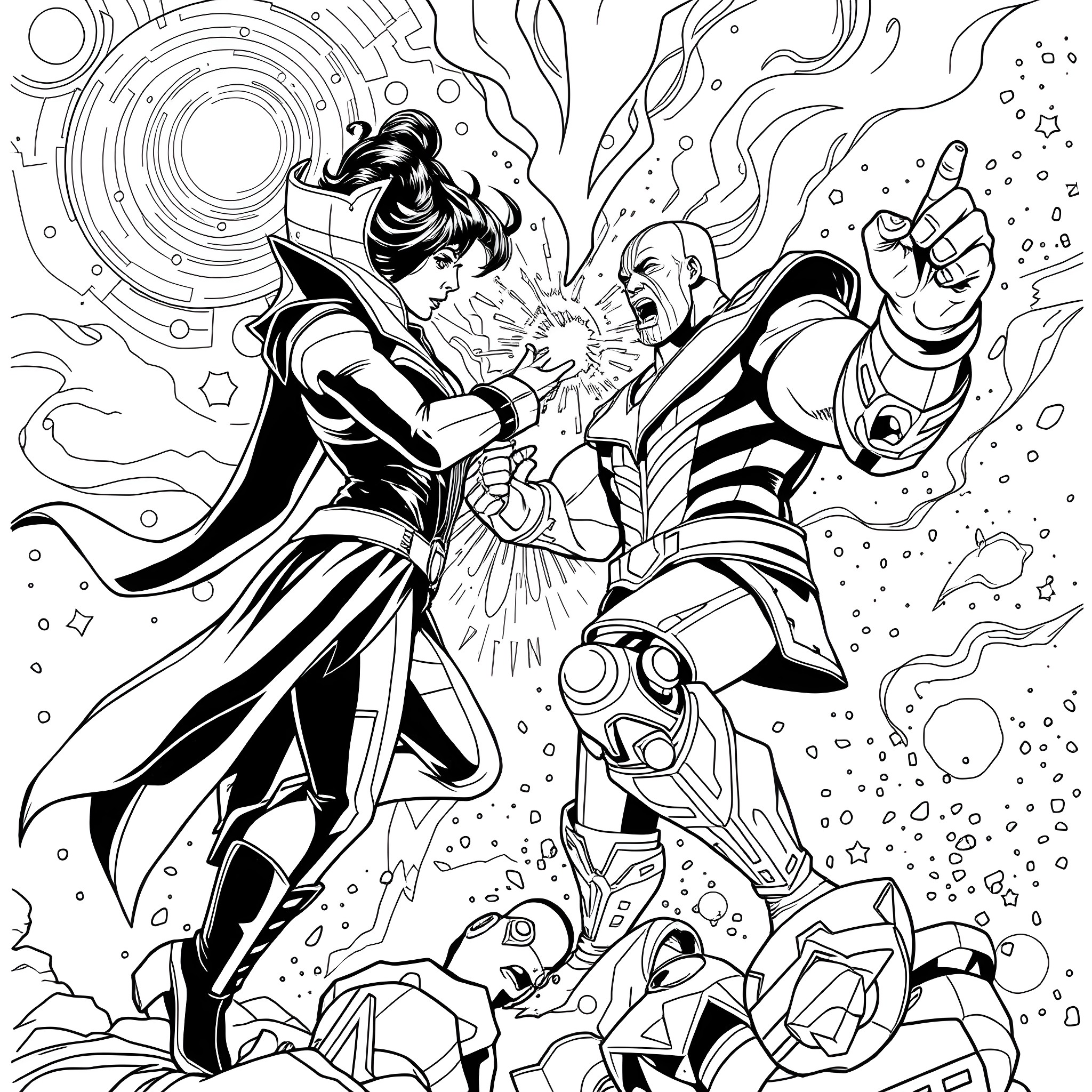 Jubilee of Heroic Clash in Cosmic Grandeur Coloring Page (free black-and-white line drawing printable PDF for all, from beginners to advanced learners, including children, teens, adults, and seniors)