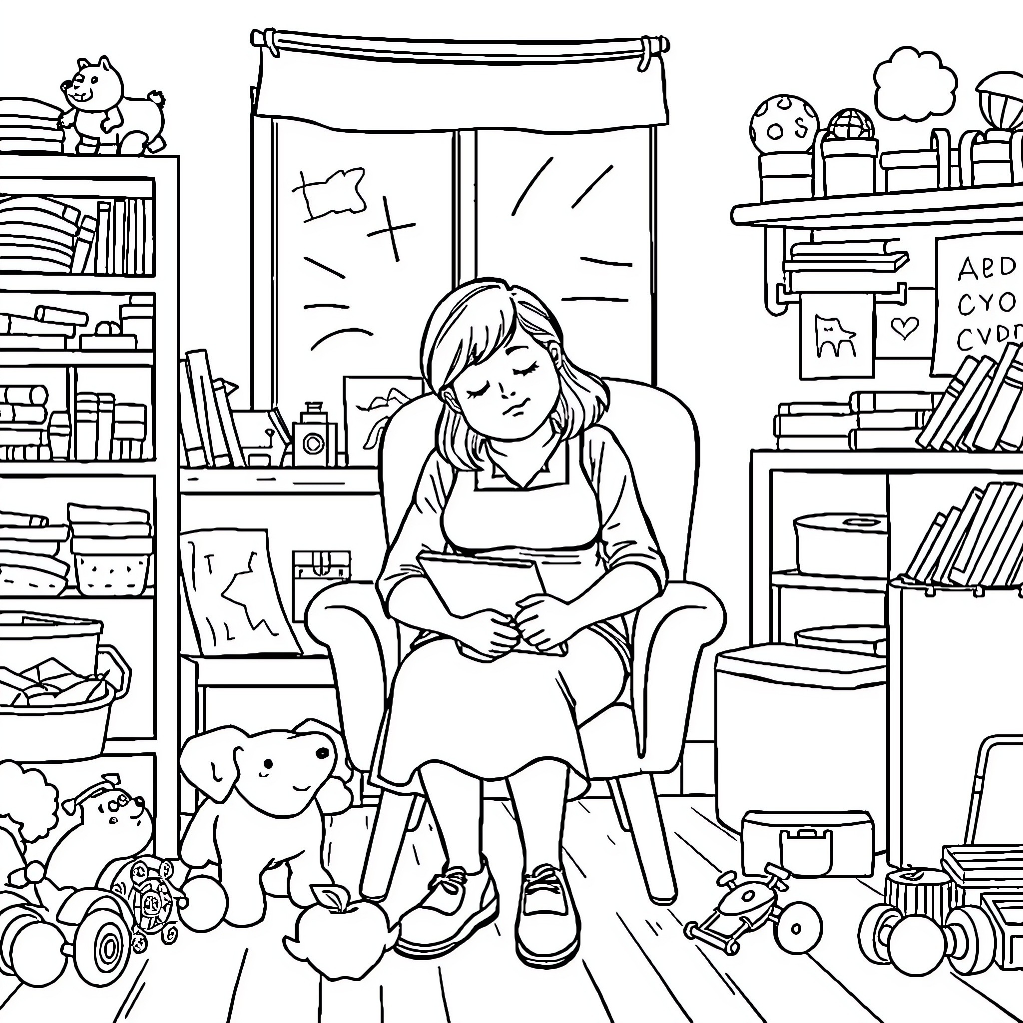 Teacher with students in classroom setting Coloring Page (free black-and-white line drawing printable PDF for all, from beginners to advanced learners, including children, teens, adults, and seniors)