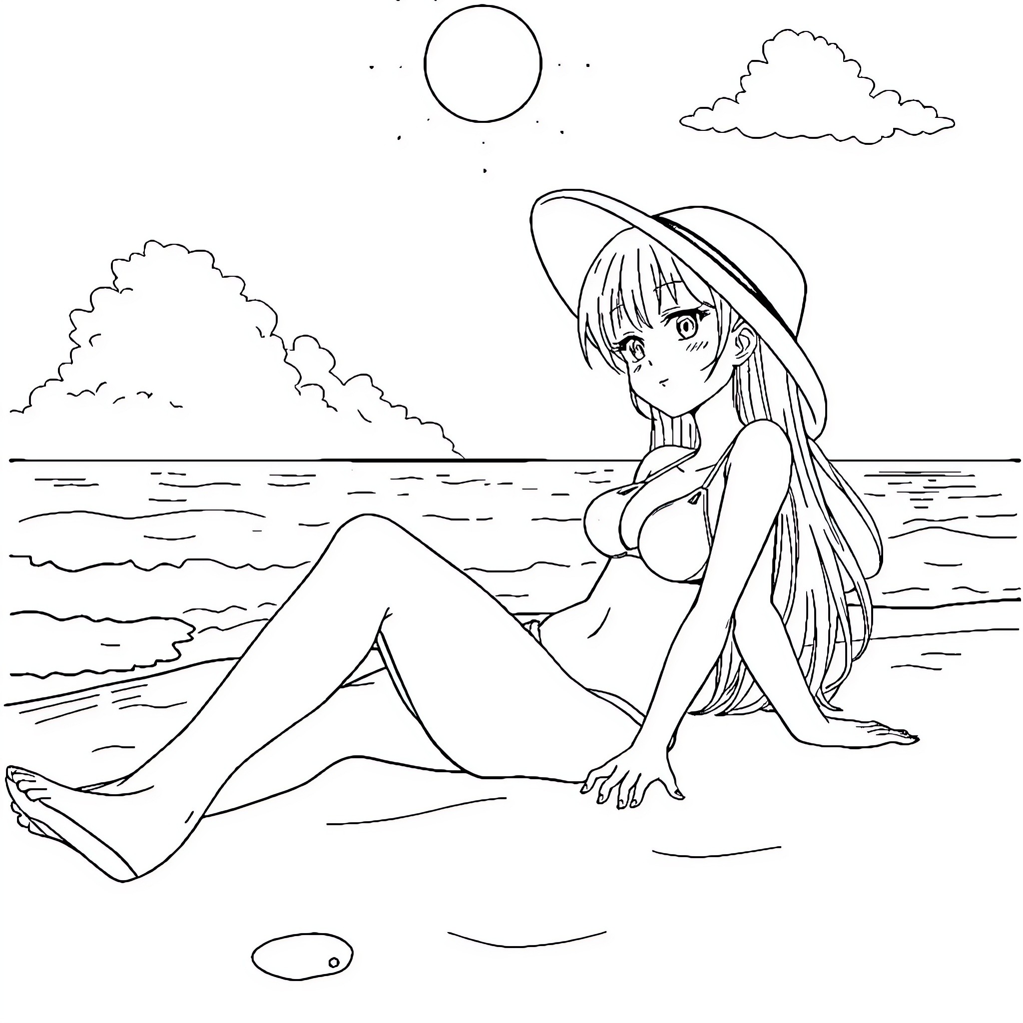 Anime Girl Relaxing on the Beach Coloring Page (free black-and-white line drawing printable PDF for all, from beginners to advanced learners, including children, teens, adults, and seniors)