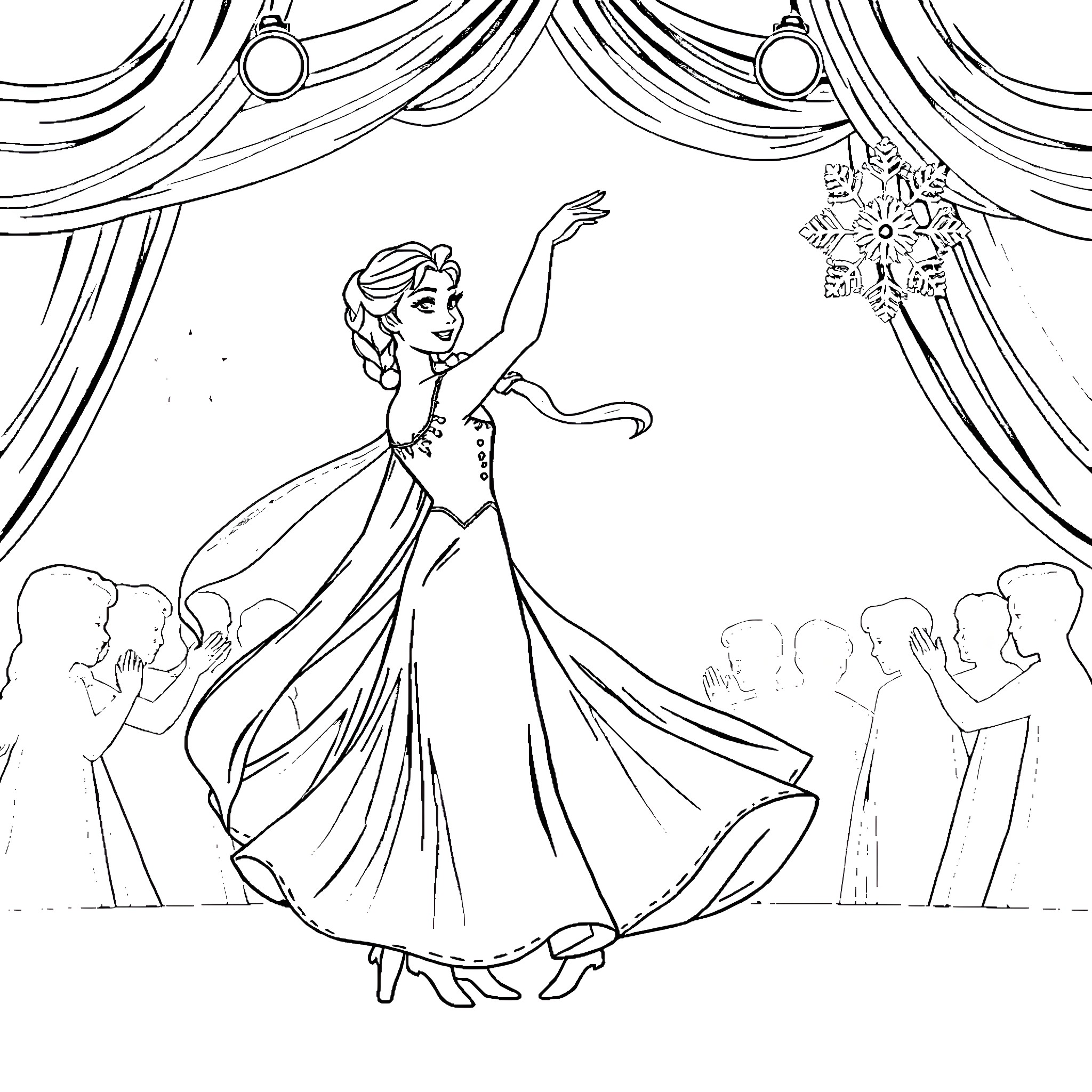 Elsa's Graceful Dance on the Stage Coloring Page (free black-and-white line drawing printable PDF for all, from beginners to advanced learners, including children, teens, adults, and seniors)