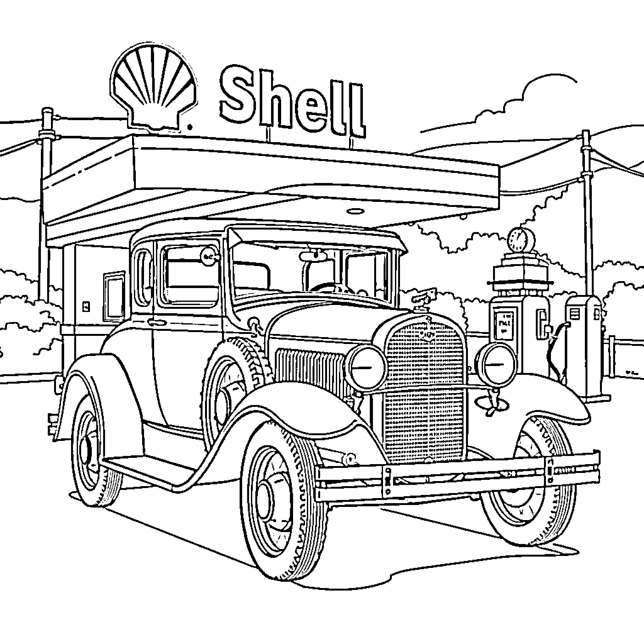 Ford's Vintage Shell Gas Station Coloring Page (free black-and-white line drawing printable PDF for all, from beginners to advanced learners, including children, teens, adults, and seniors)