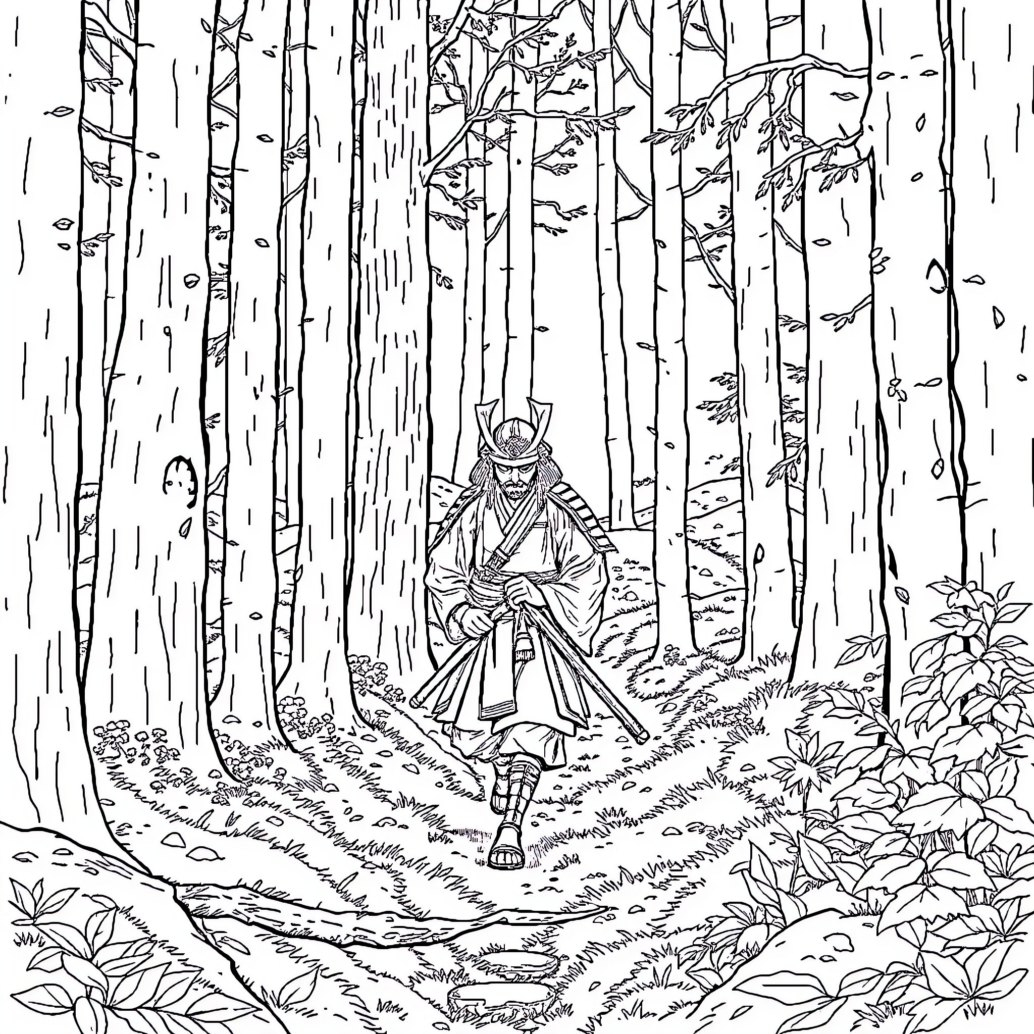 Samurai wandering thoughtfully through the serene forest Coloring Page (free black-and-white line drawing printable PDF for all, from beginners to advanced learners, including children, teens, adults, and seniors)