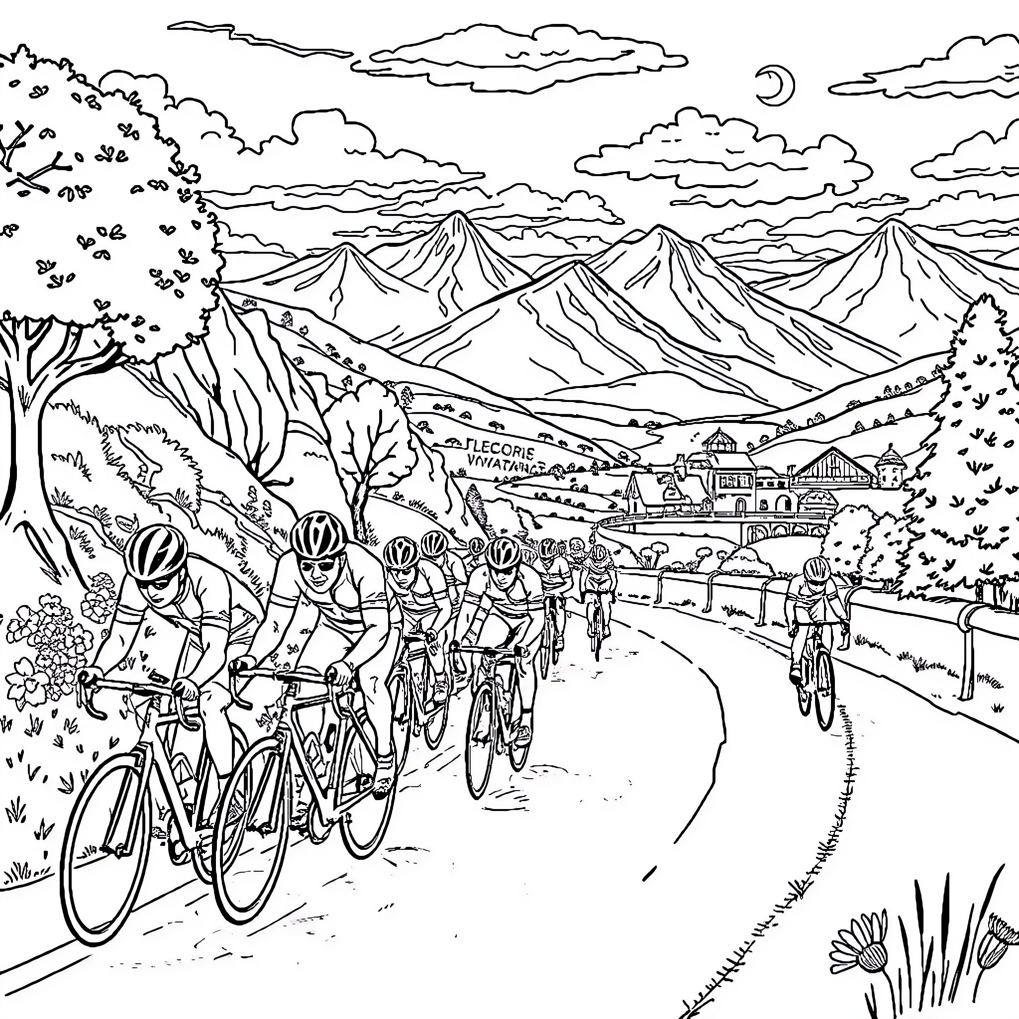 Tour de France cyclists racing through scenic mountain landscape Coloring Page (free black-and-white line drawing printable PDF for all, from beginners to advanced learners, including children, teens, adults, and seniors)