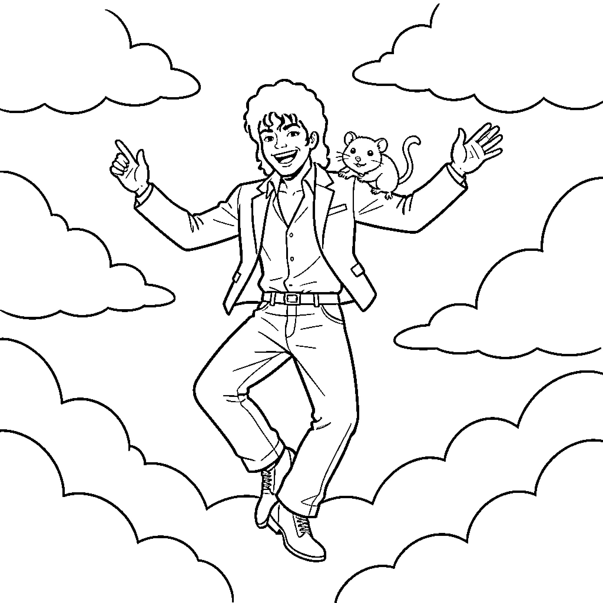Michael Jackson smiling joyfully while floating among clouds Coloring Page (free black-and-white line drawing printable PDF for all, from beginners to advanced learners, including children, teens, adults, and seniors)
