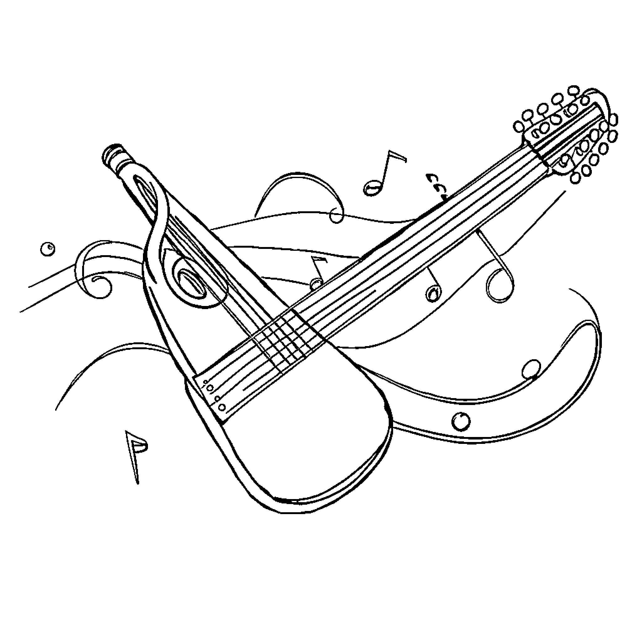 Music Theory Instruments and Musical Notes Coloring Page (free black-and-white line drawing printable PDF for all, from beginners to advanced learners, including children, teens, adults, and seniors)