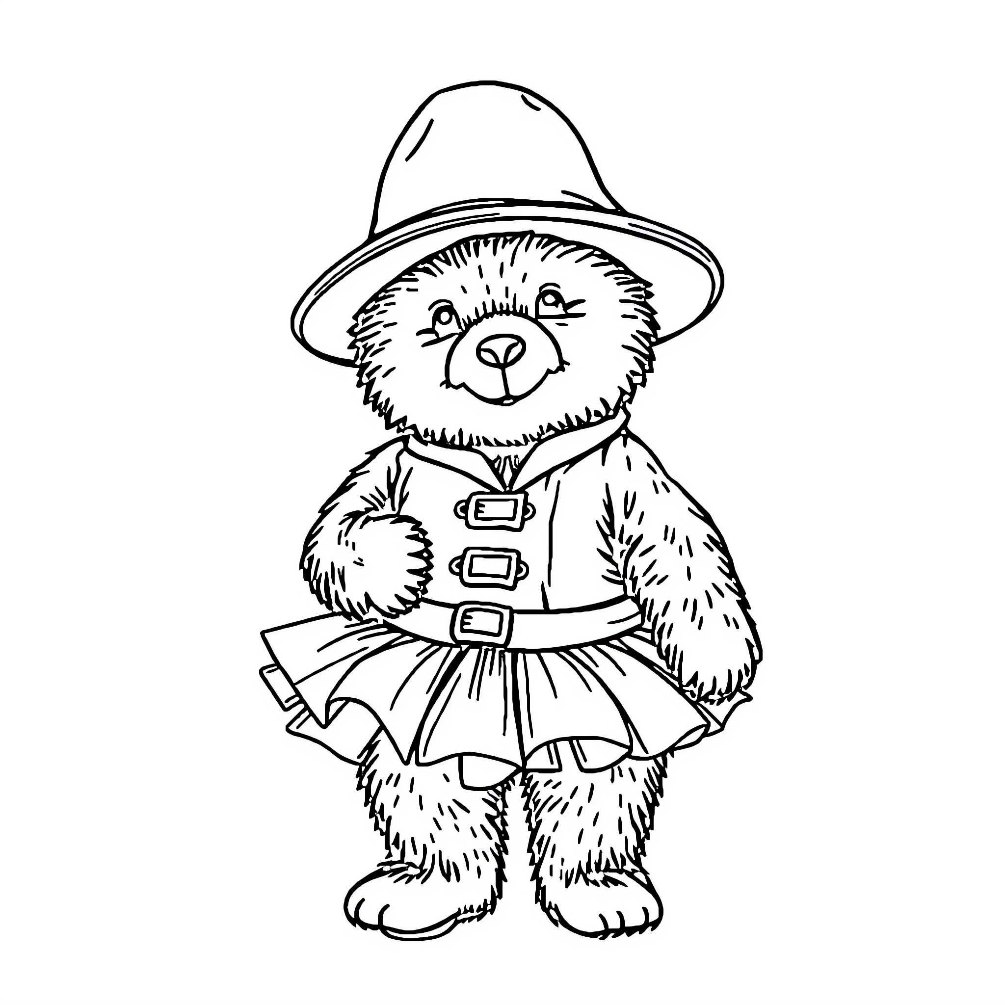 Paddington Bear in Festive Attire Coloring Page (free black-and-white line drawing printable PDF for all, from beginners to advanced learners, including children, teens, adults, and seniors)