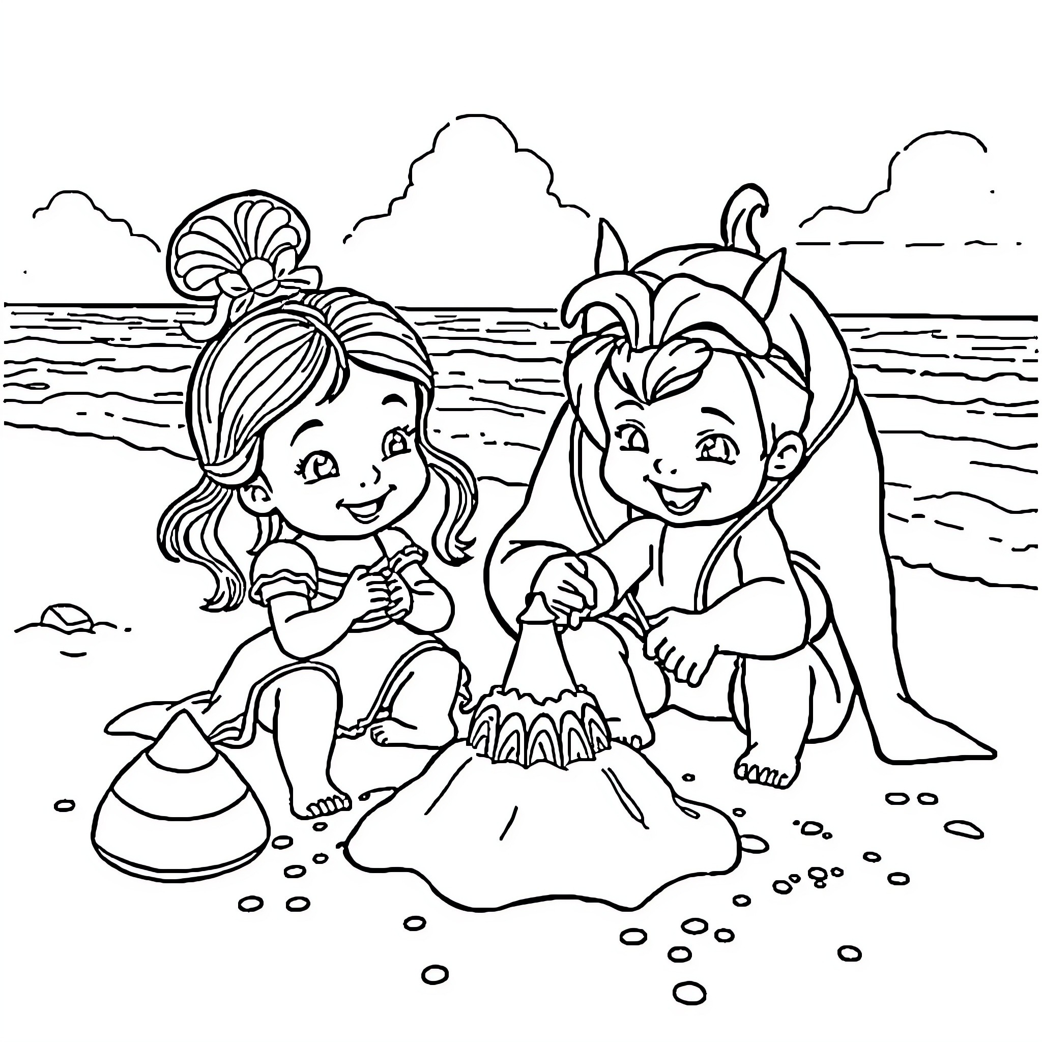 Beauty And The Beast Playing On The Beach Coloring Page (free black-and-white line drawing printable PDF for all, from beginners to advanced learners, including children, teens, adults, and seniors)