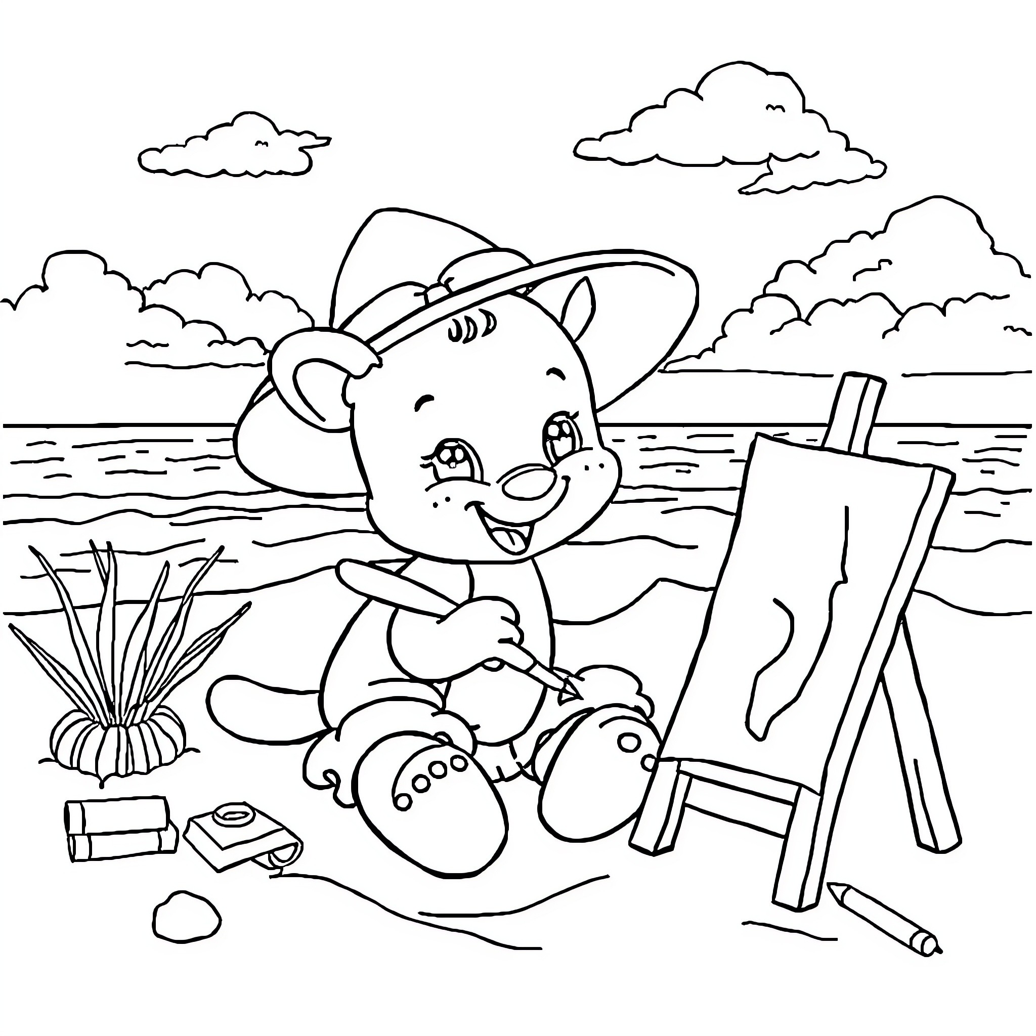 Bluey paints a masterpiece on the beach Coloring Page (free black-and-white line drawing printable PDF for all, from beginners to advanced learners, including children, teens, adults, and seniors)
