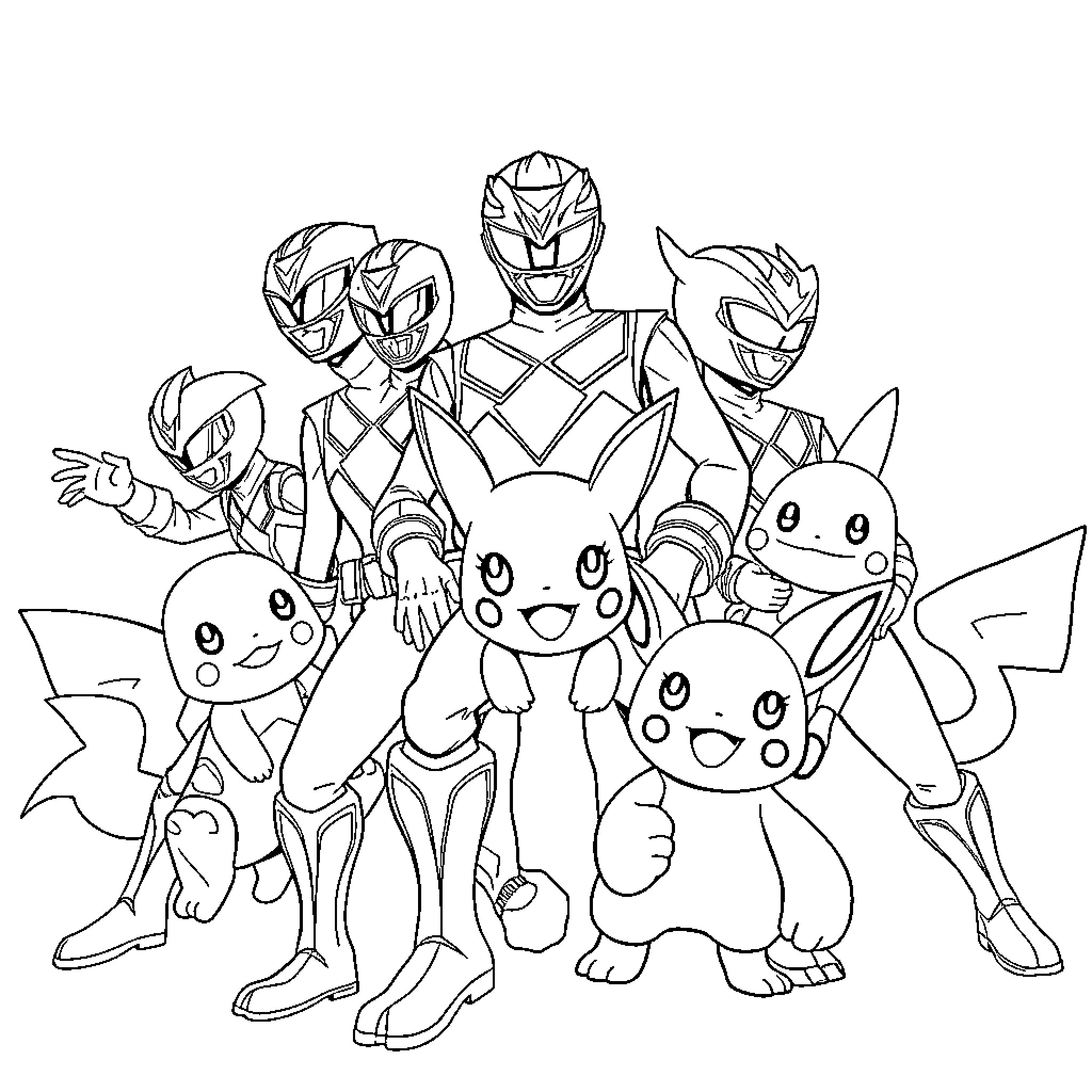 Pokémon Characters in Action Poses Coloring Page (free black-and-white line drawing printable PDF for all, from beginners to advanced learners, including children, teens, adults, and seniors)