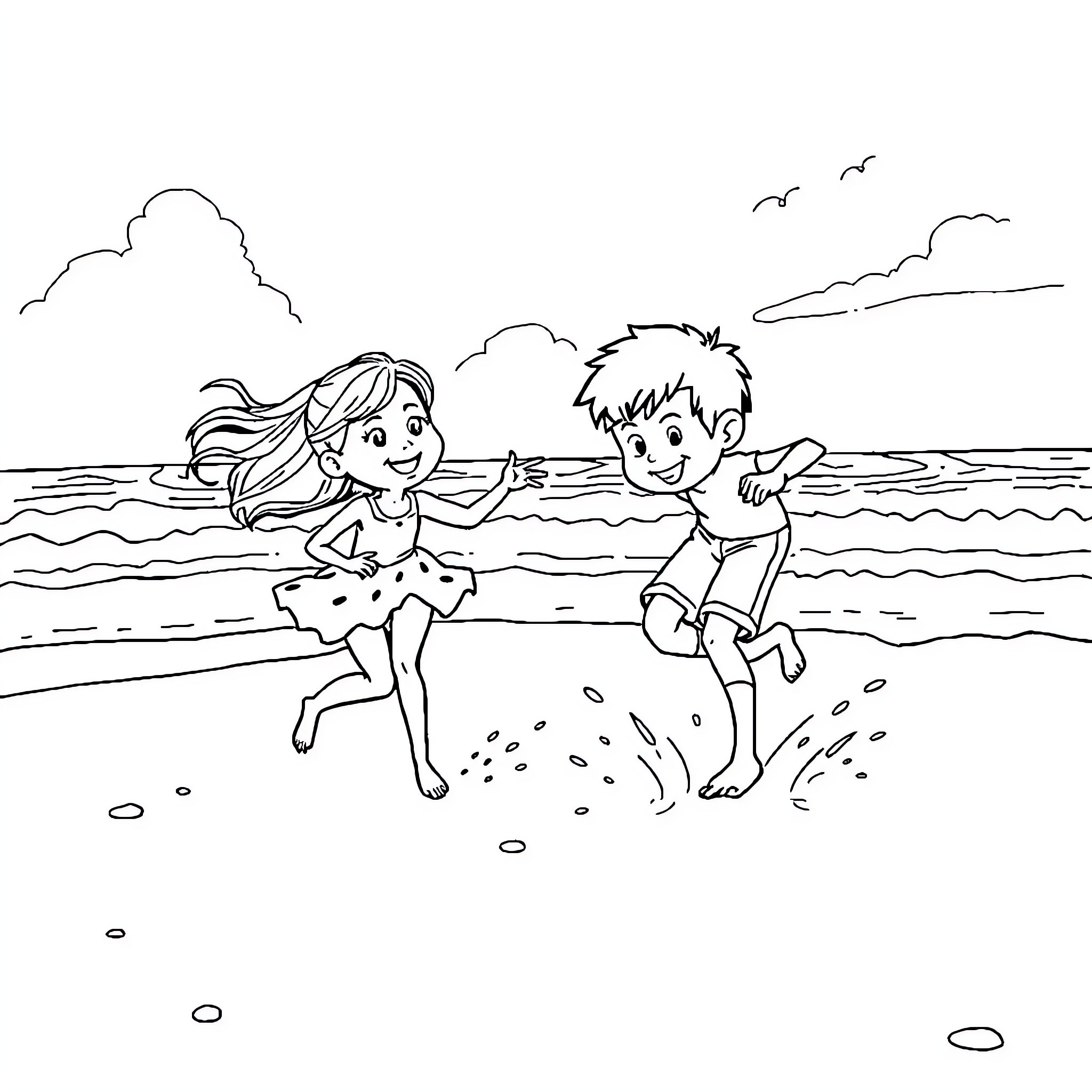 Olive et Tom playing joyfully at the beach Coloring Page (free black-and-white line drawing printable PDF for all, from beginners to advanced learners, including children, teens, adults, and seniors)