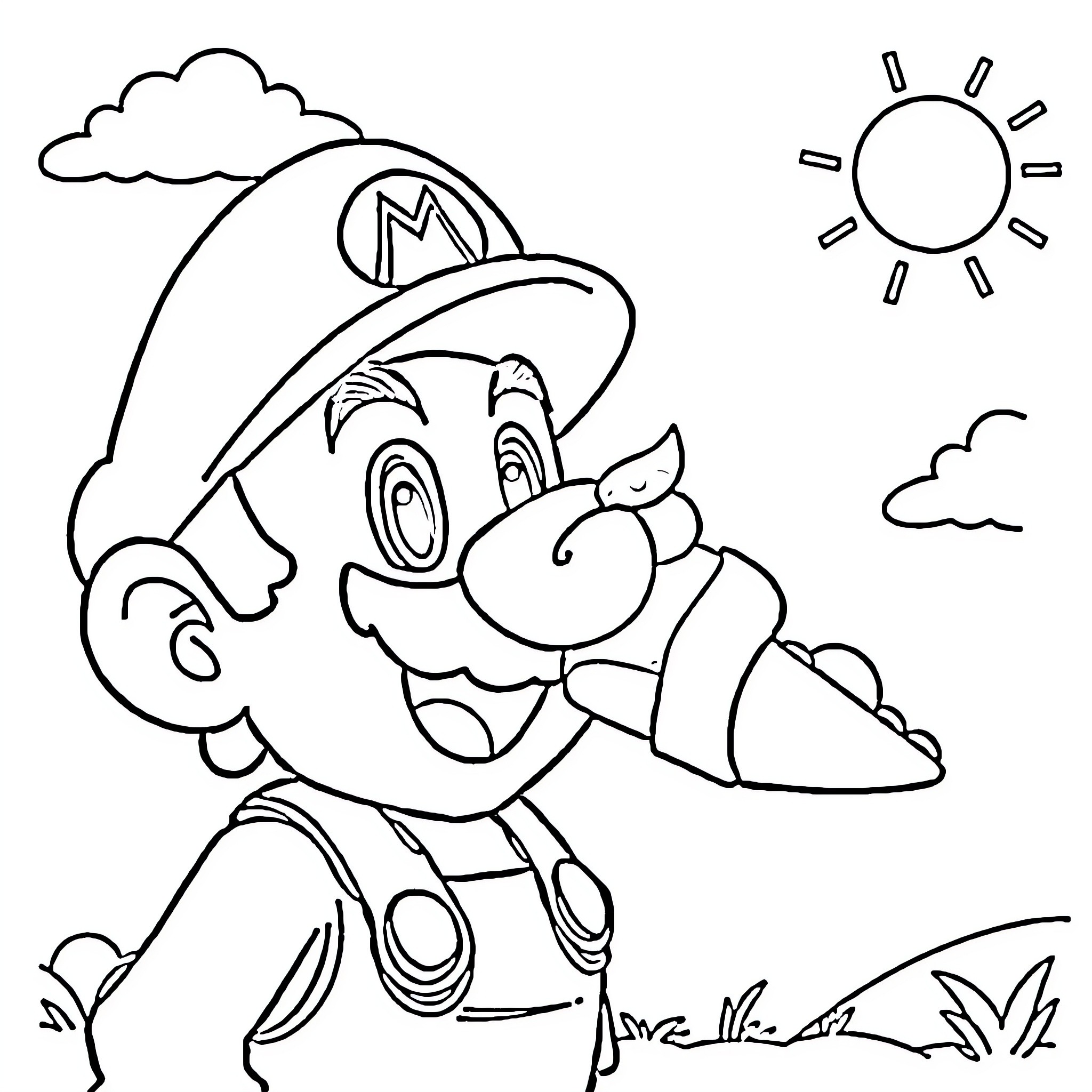 Super Mario Exploring Outdoor Adventure Coloring Page (free black-and-white line drawing printable PDF for all, from beginners to advanced learners, including children, teens, adults, and seniors)