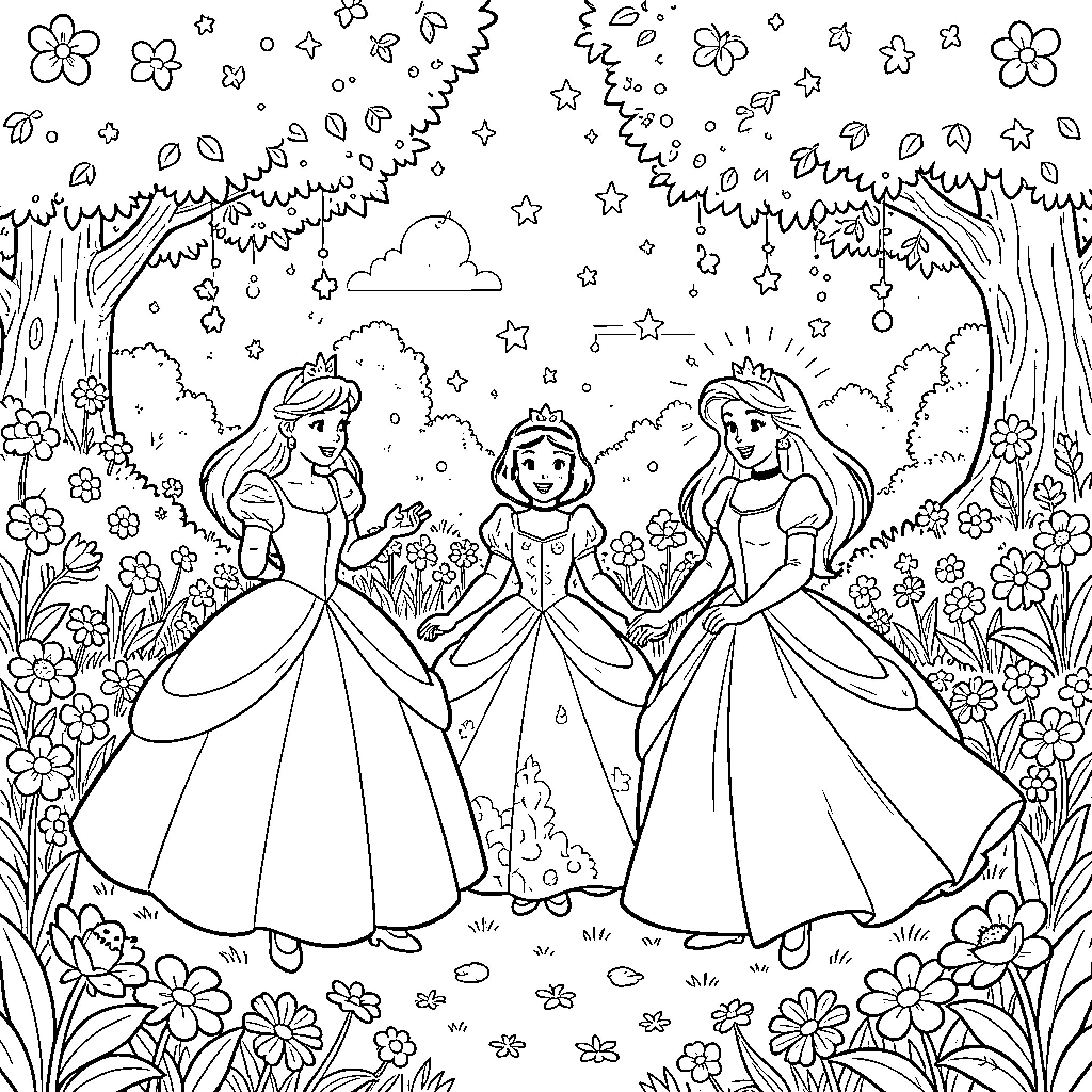 Disney Princess Playing and Celebrating in Enchanted Forest Coloring Page (free black-and-white line drawing printable PDF for all, from beginners to advanced learners, including children, teens, adults, and seniors)
