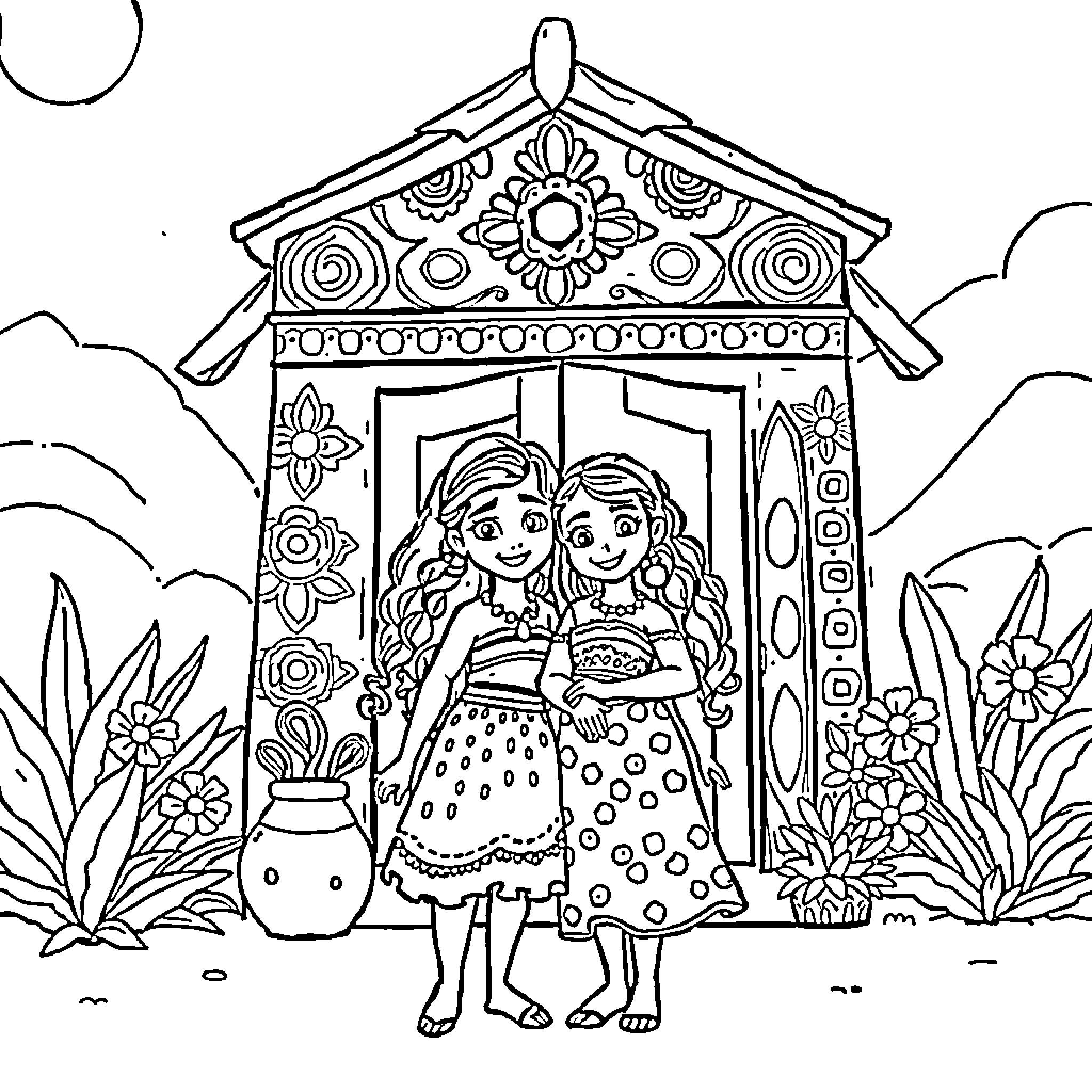 Mirabel and Her Friend Explore a Colorful Cottage Coloring Page (free black-and-white line drawing printable PDF for all, from beginners to advanced learners, including children, teens, adults, and seniors)