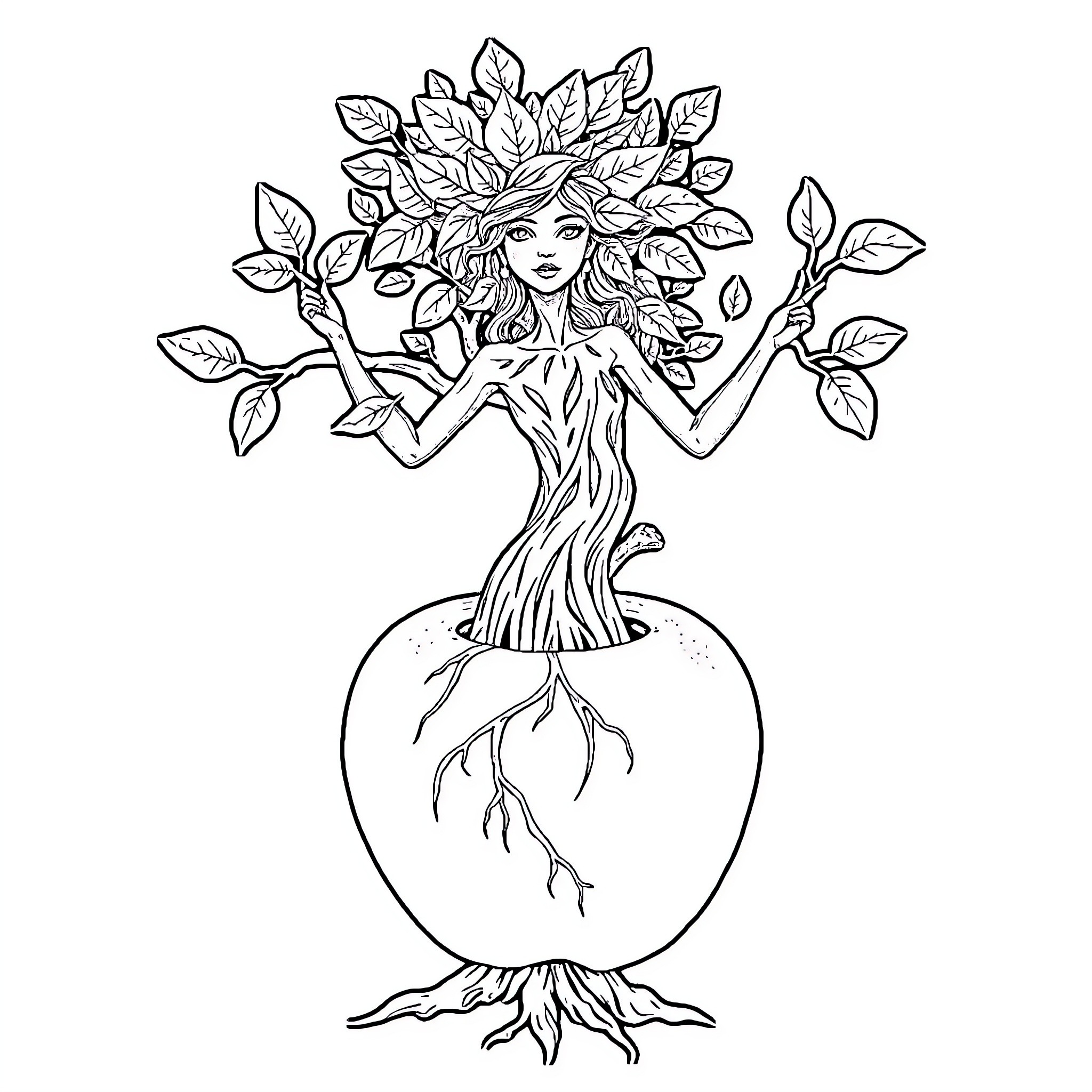 Tree Woman with Lush Foliage and Roots Coloring Page (free black-and-white line drawing printable PDF for all, from beginners to advanced learners, including children, teens, adults, and seniors)