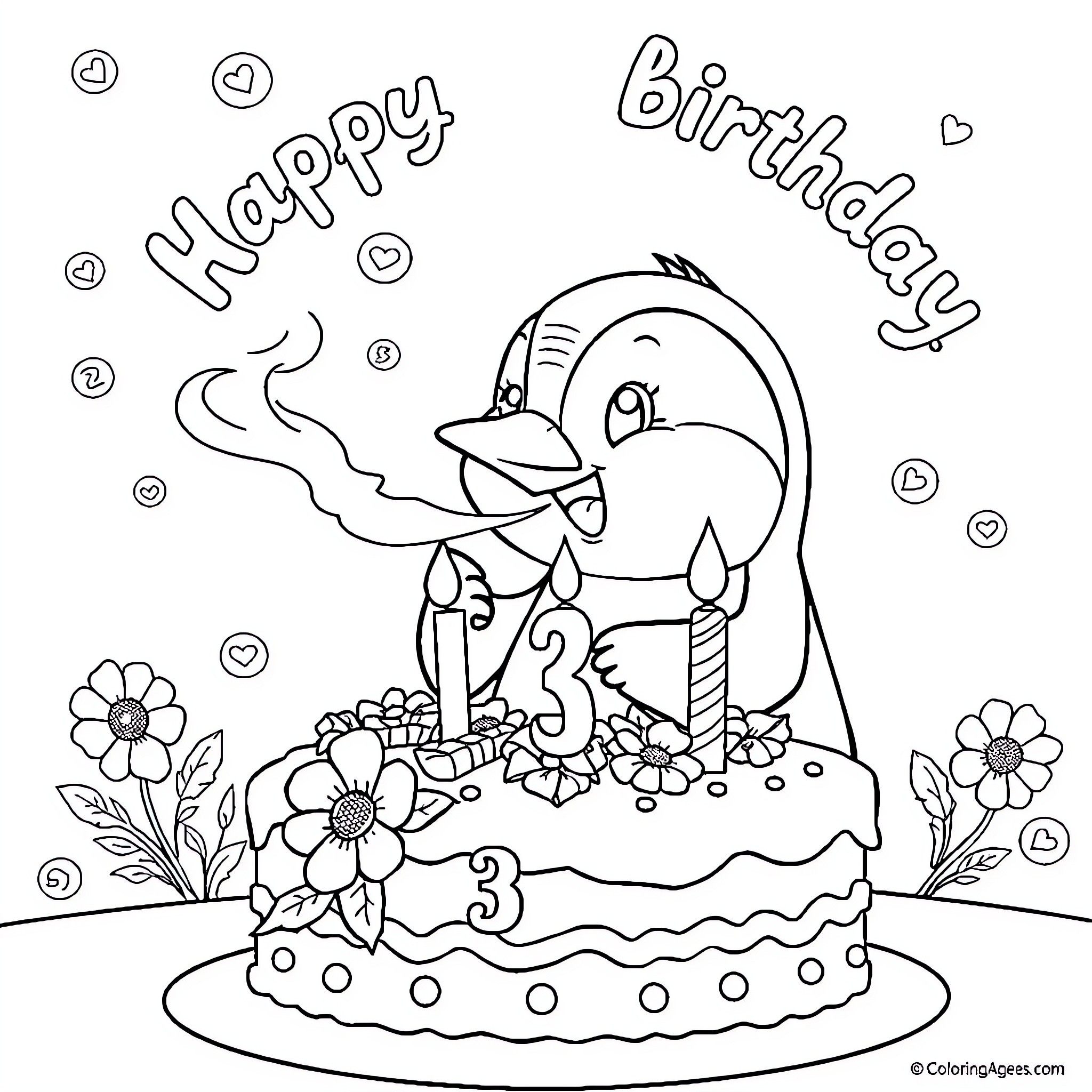 Pinguy celebrating a happy birthday with a cake Coloring Page (free black-and-white line drawing printable PDF for all, from beginners to advanced learners, including children, teens, adults, and seniors)
