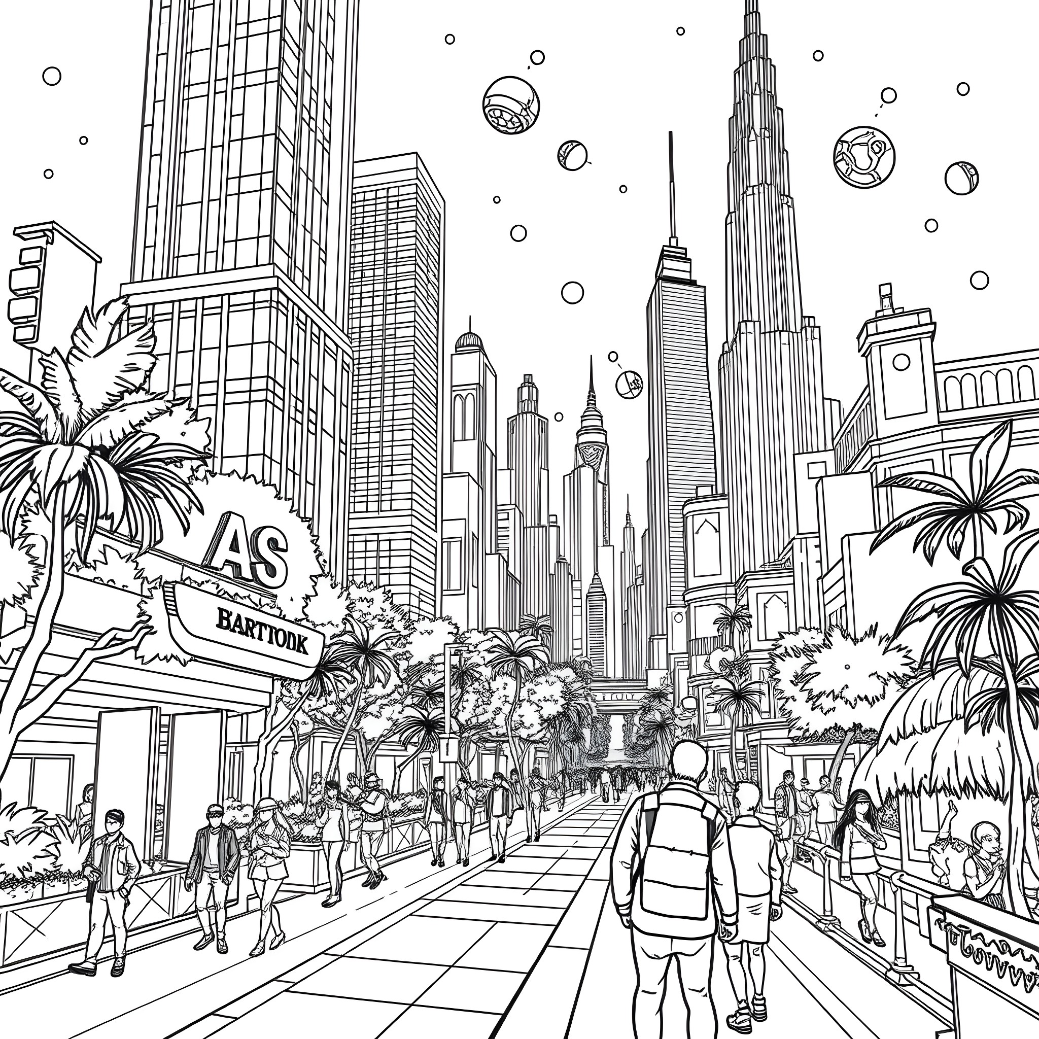 World of Bustling City Scenes and Skyscrapers Coloring Page (free black-and-white line drawing printable PDF for all, from beginners to advanced learners, including children, teens, adults, and seniors)