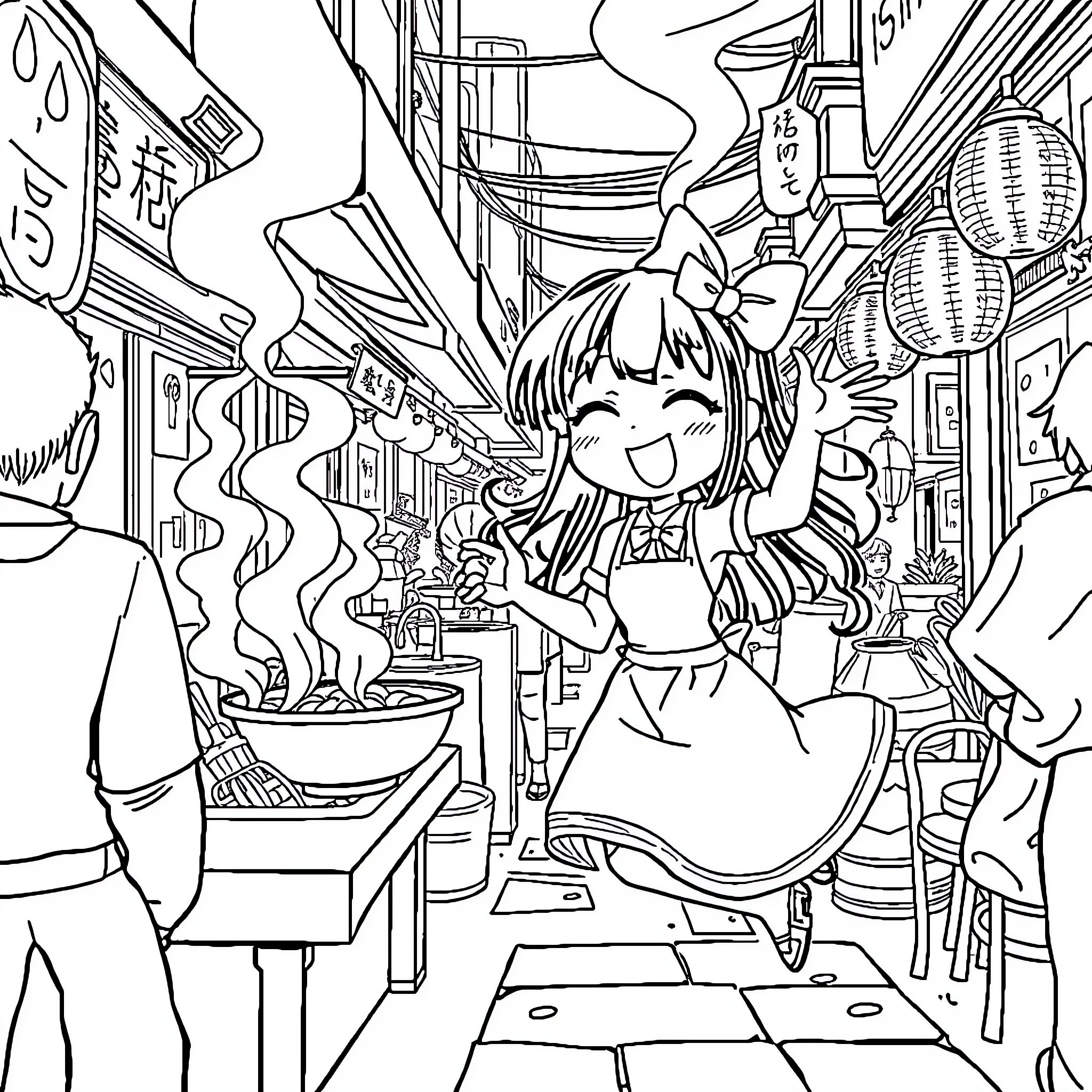 Kuromi exploring a vibrant, bustling street scene Coloring Page (free black-and-white line drawing printable PDF for all, from beginners to advanced learners, including children, teens, adults, and seniors)