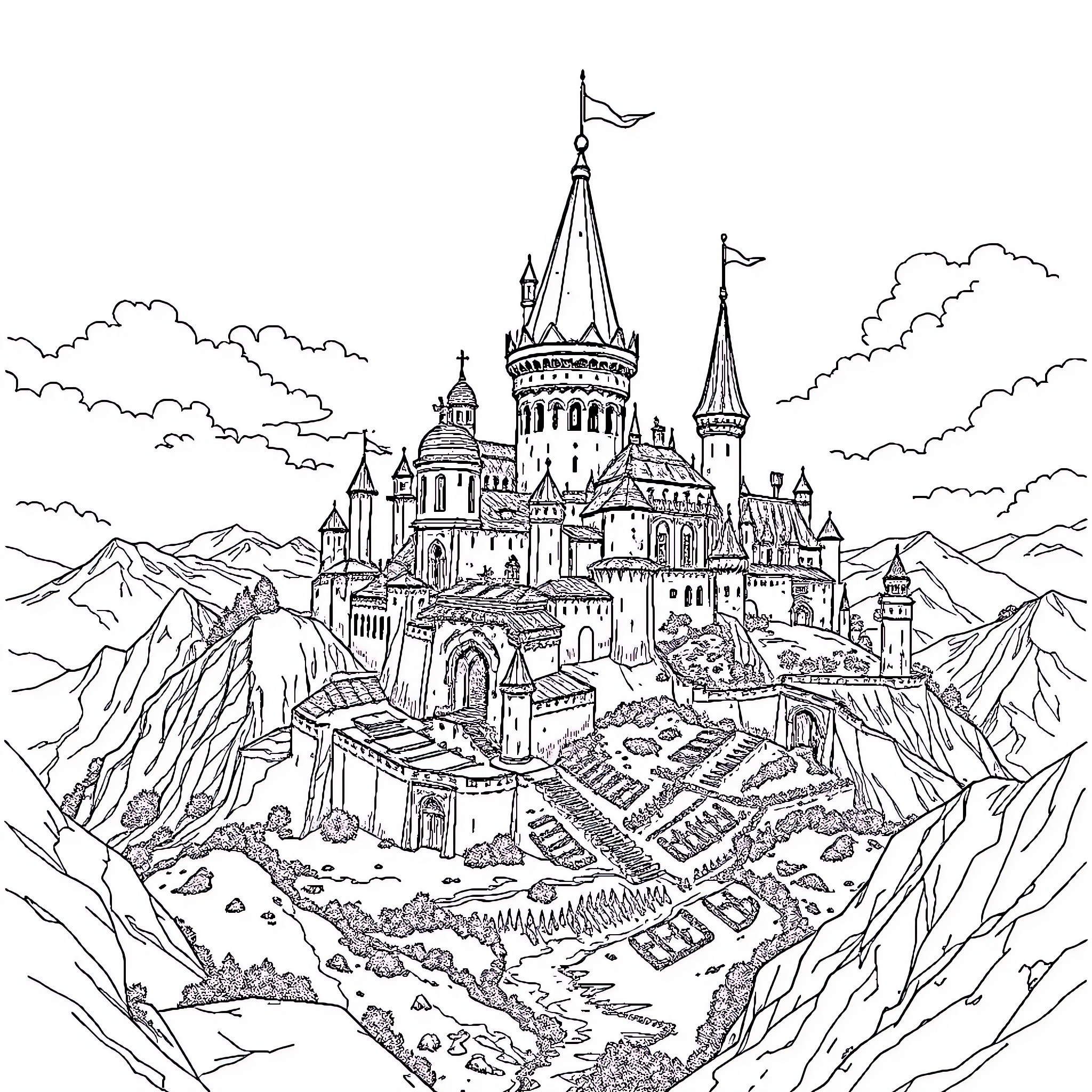 Tartaria: Majestic Castle Amidst Rugged Landscapes Coloring Page (free black-and-white line drawing printable PDF for all, from beginners to advanced learners, including children, teens, adults, and seniors)