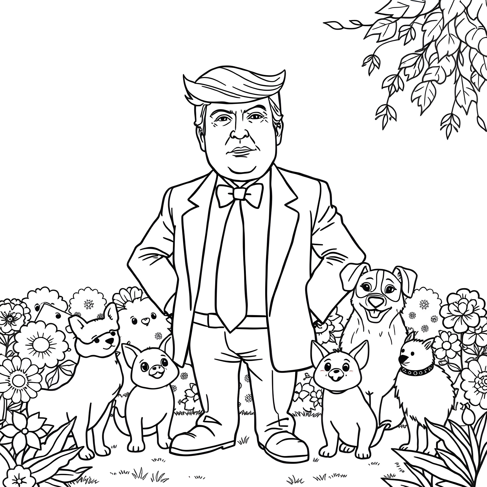 Trump surrounded by happy cartoon animals in a garden Coloring Page (free black-and-white line drawing printable PDF for all, from beginners to advanced learners, including children, teens, adults, and seniors)