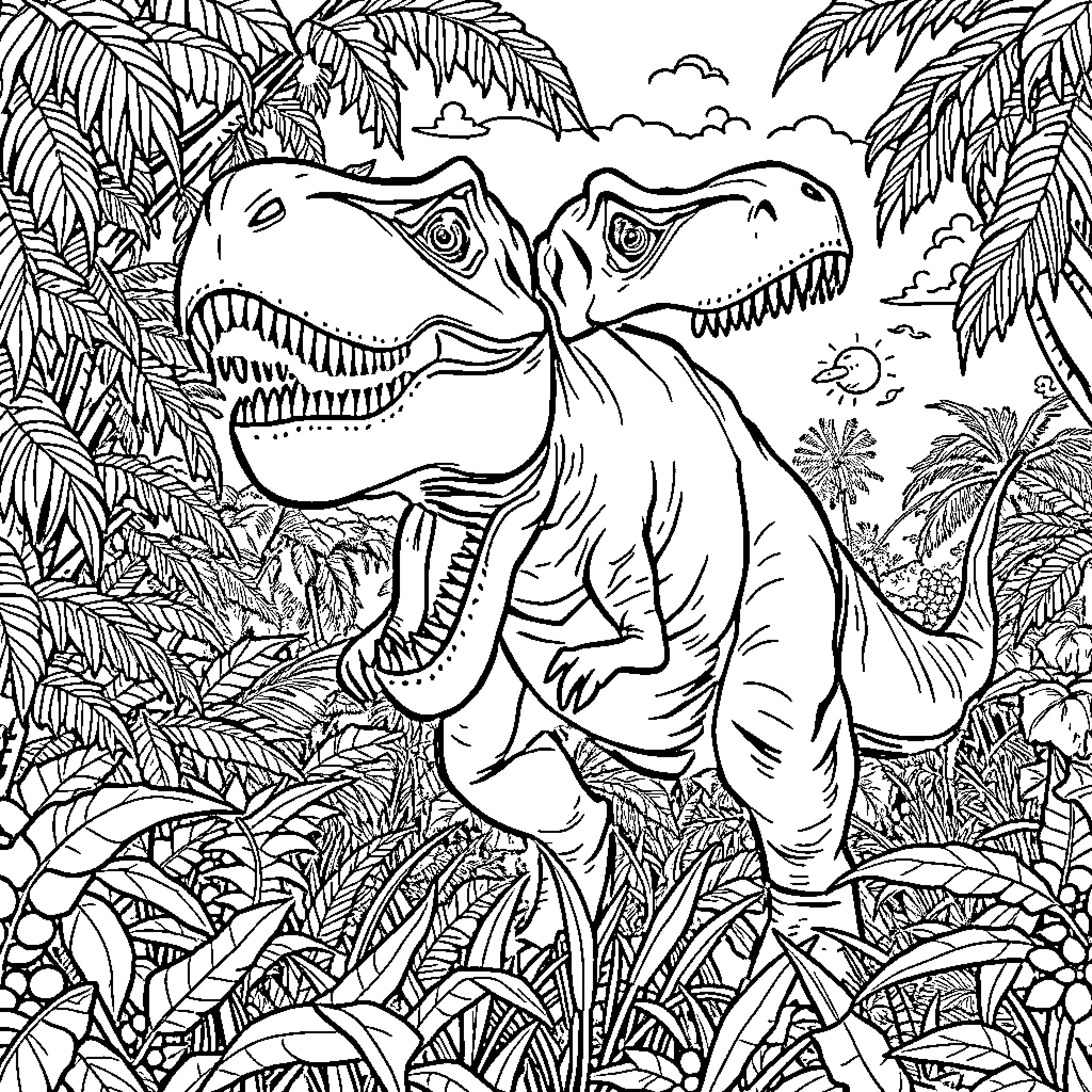 T-Rex Confrontation in Tropical Jungle Landscape Coloring Page (free black-and-white line drawing printable PDF for all, from beginners to advanced learners, including children, teens, adults, and seniors)