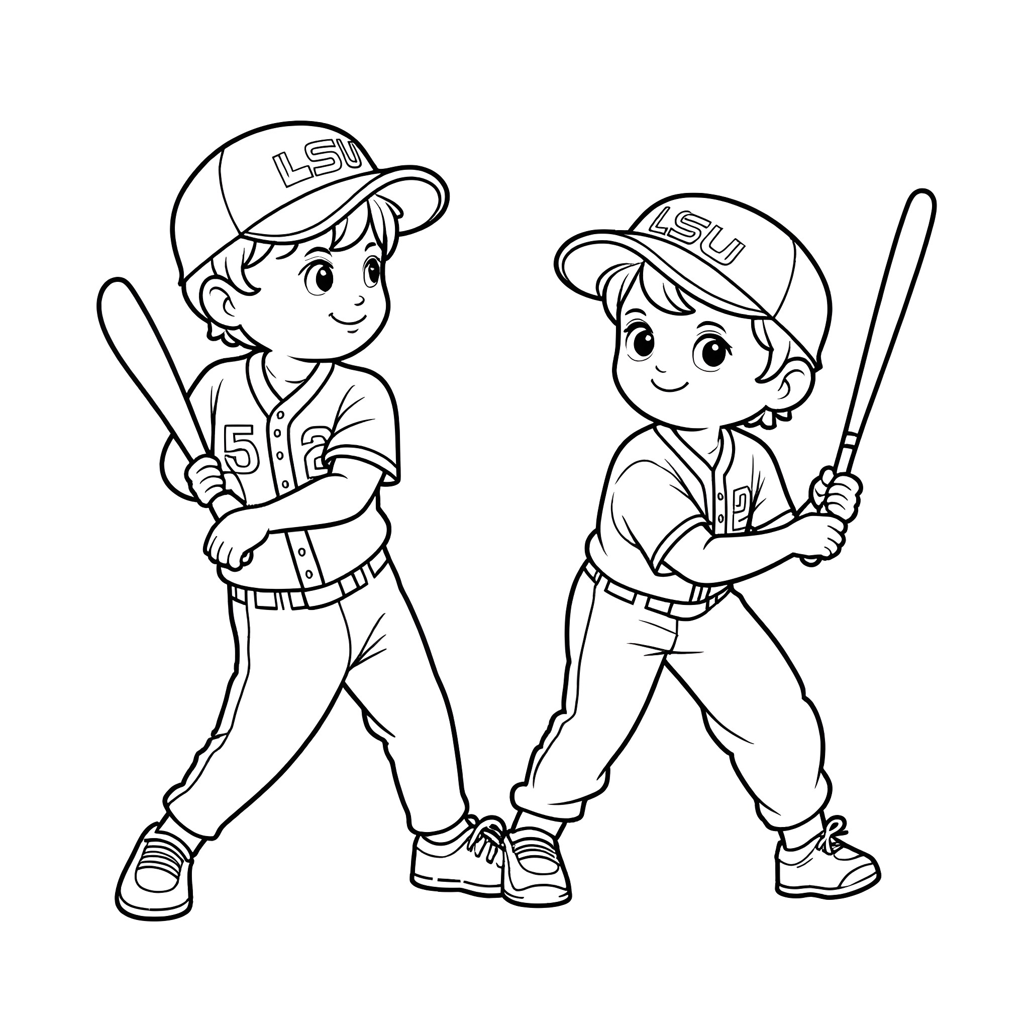 Brother baseball players ready to bat Coloring Page (free black-and-white line drawing printable PDF for all, from beginners to advanced learners, including children, teens, adults, and seniors)