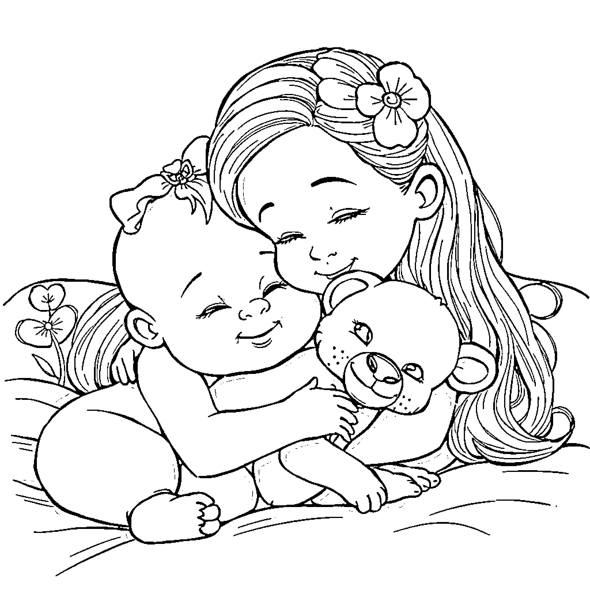 Saja's Tender Embrace with Plush Friend Coloring Page (free black-and-white line drawing printable PDF for all, from beginners to advanced learners, including children, teens, adults, and seniors)