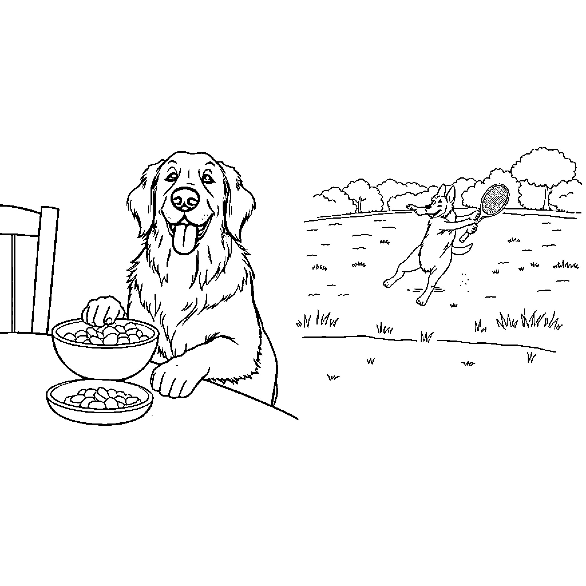 Golden Retriever enjoying a peaceful day outdoors Coloring Page (free black-and-white line drawing printable PDF for all, from beginners to advanced learners, including children, teens, adults, and seniors)