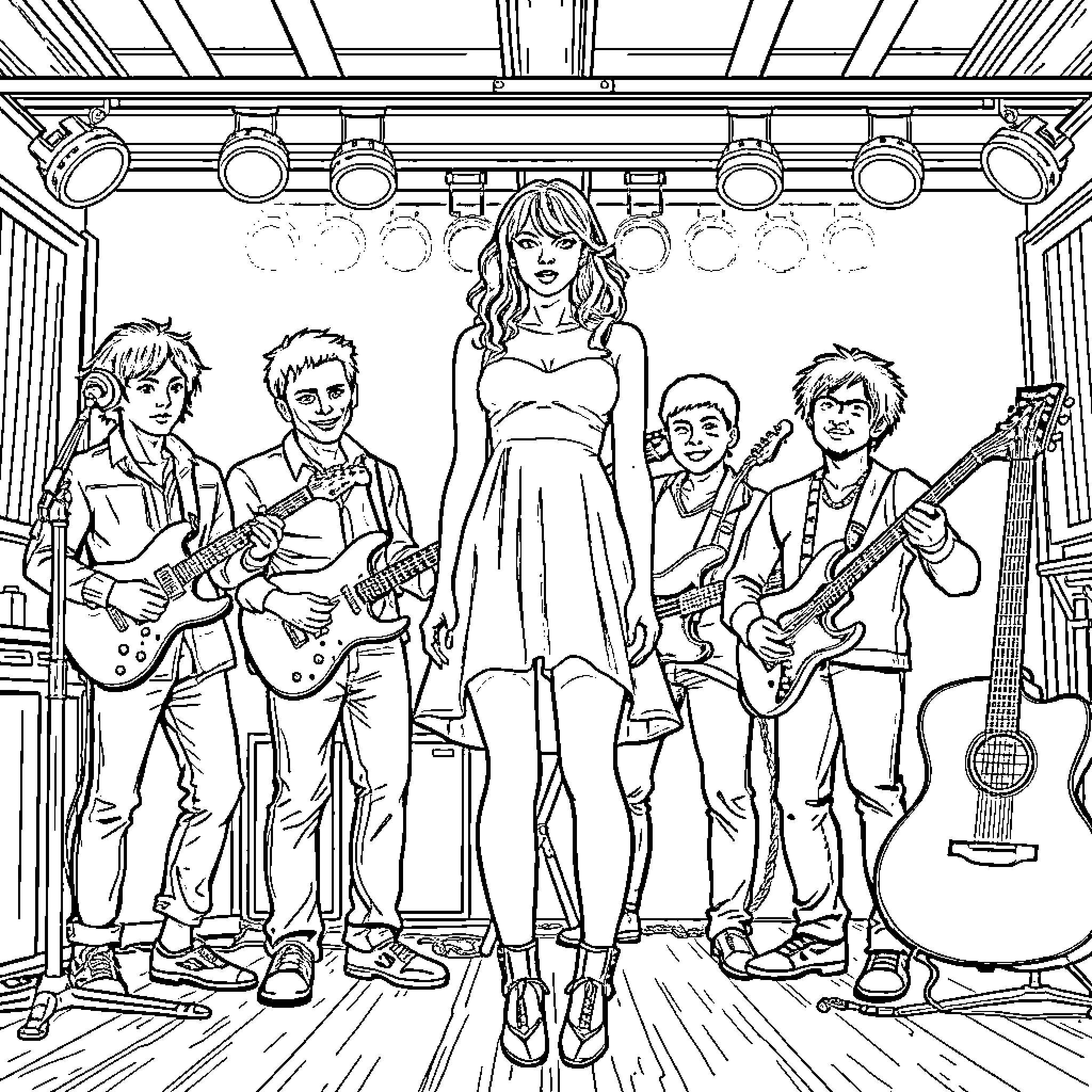 Taylor Swift and her band performing on stage Coloring Page (free black-and-white line drawing printable PDF for all, from beginners to advanced learners, including children, teens, adults, and seniors)