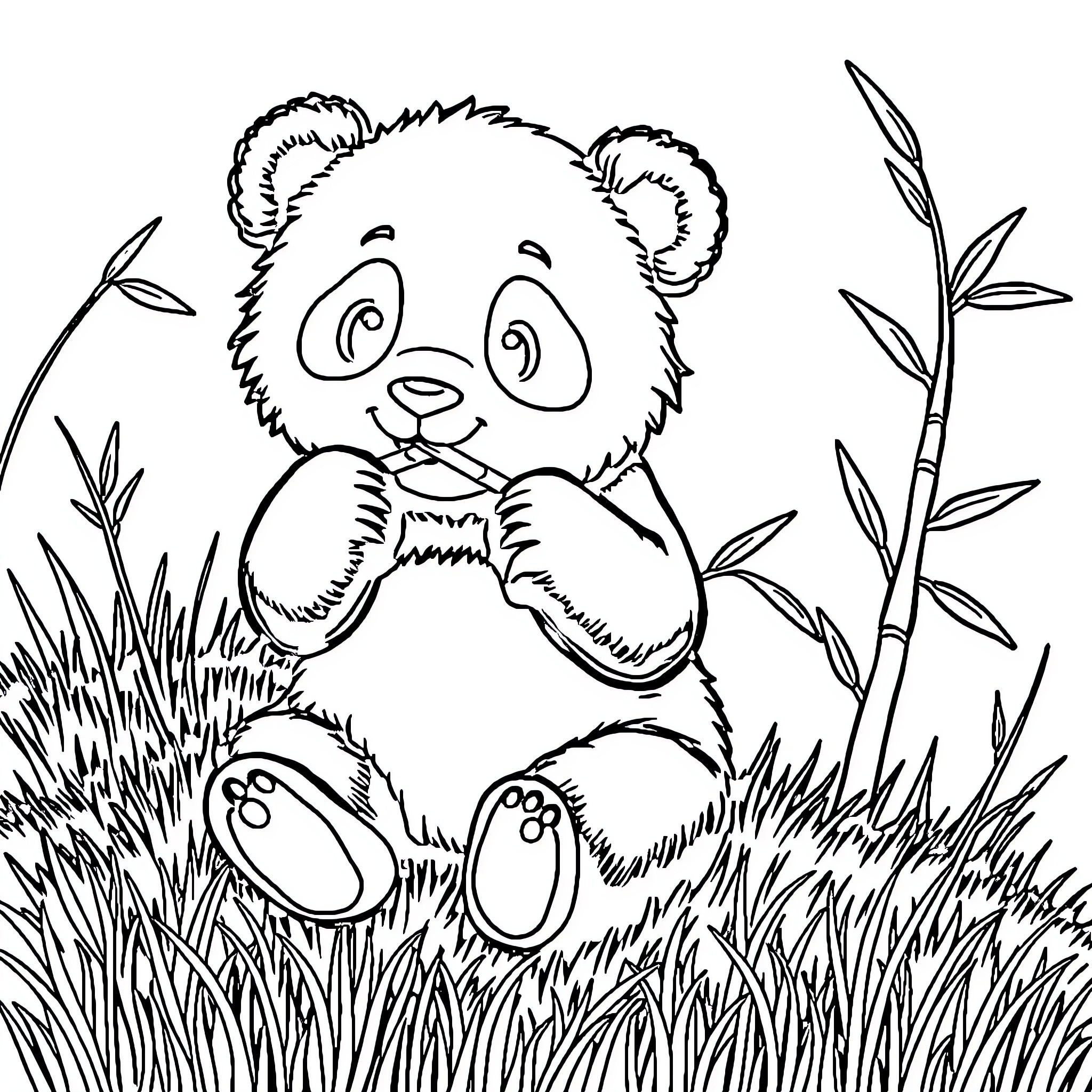 Panda playing happily in the grass Coloring Page (free black-and-white line drawing printable PDF for all, from beginners to advanced learners, including children, teens, adults, and seniors)