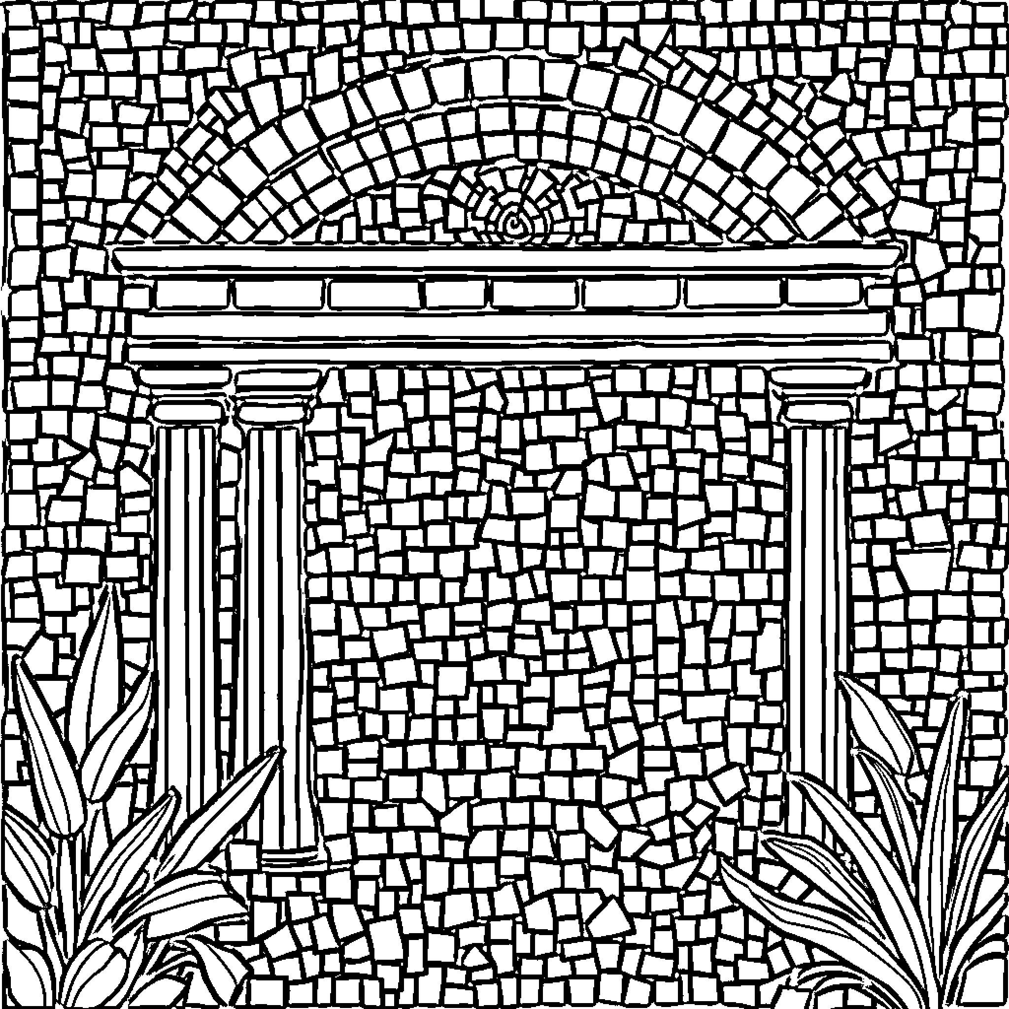 Mosaic Archway with Ornamental Plants Coloring Page (free black-and-white line drawing printable PDF for all, from beginners to advanced learners, including children, teens, adults, and seniors)