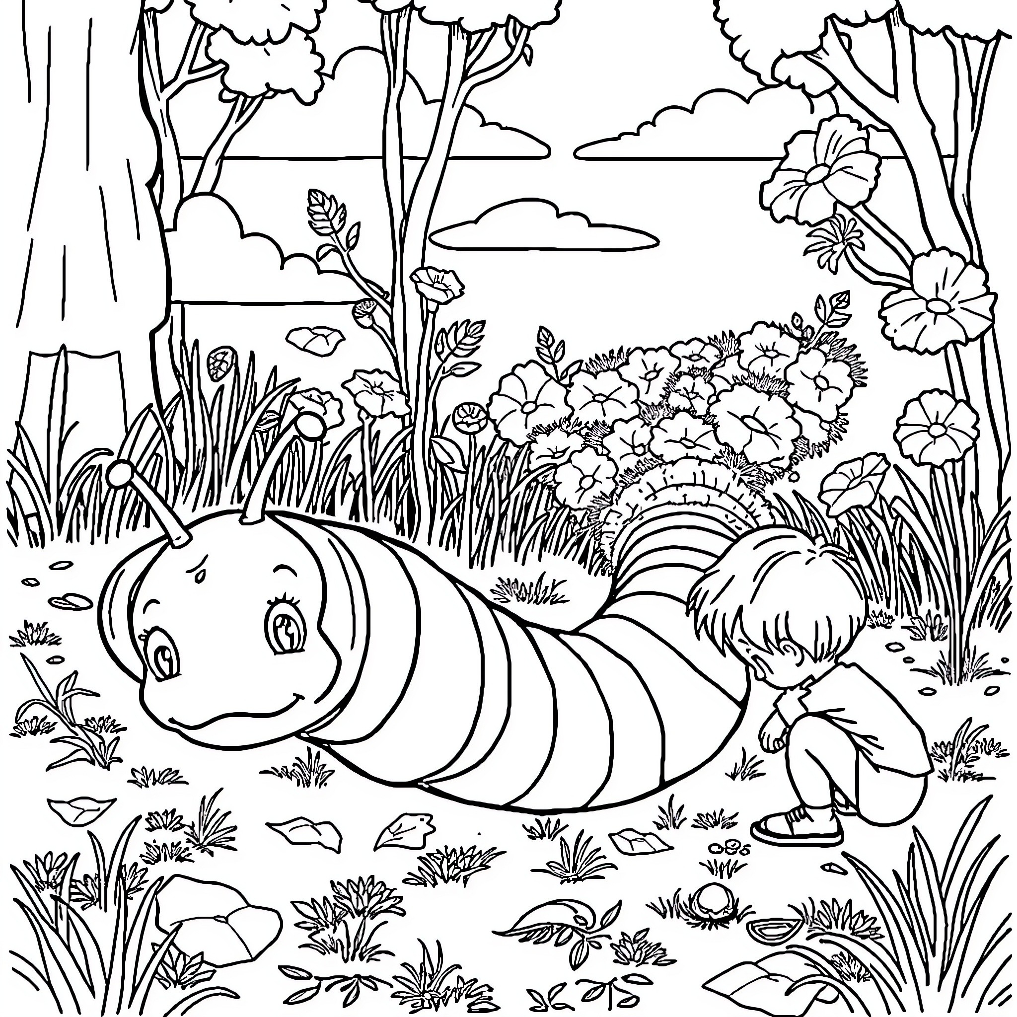 Worm exploring the enchanting forest with a curious child Coloring Page (free black-and-white line drawing printable PDF for all, from beginners to advanced learners, including children, teens, adults, and seniors)