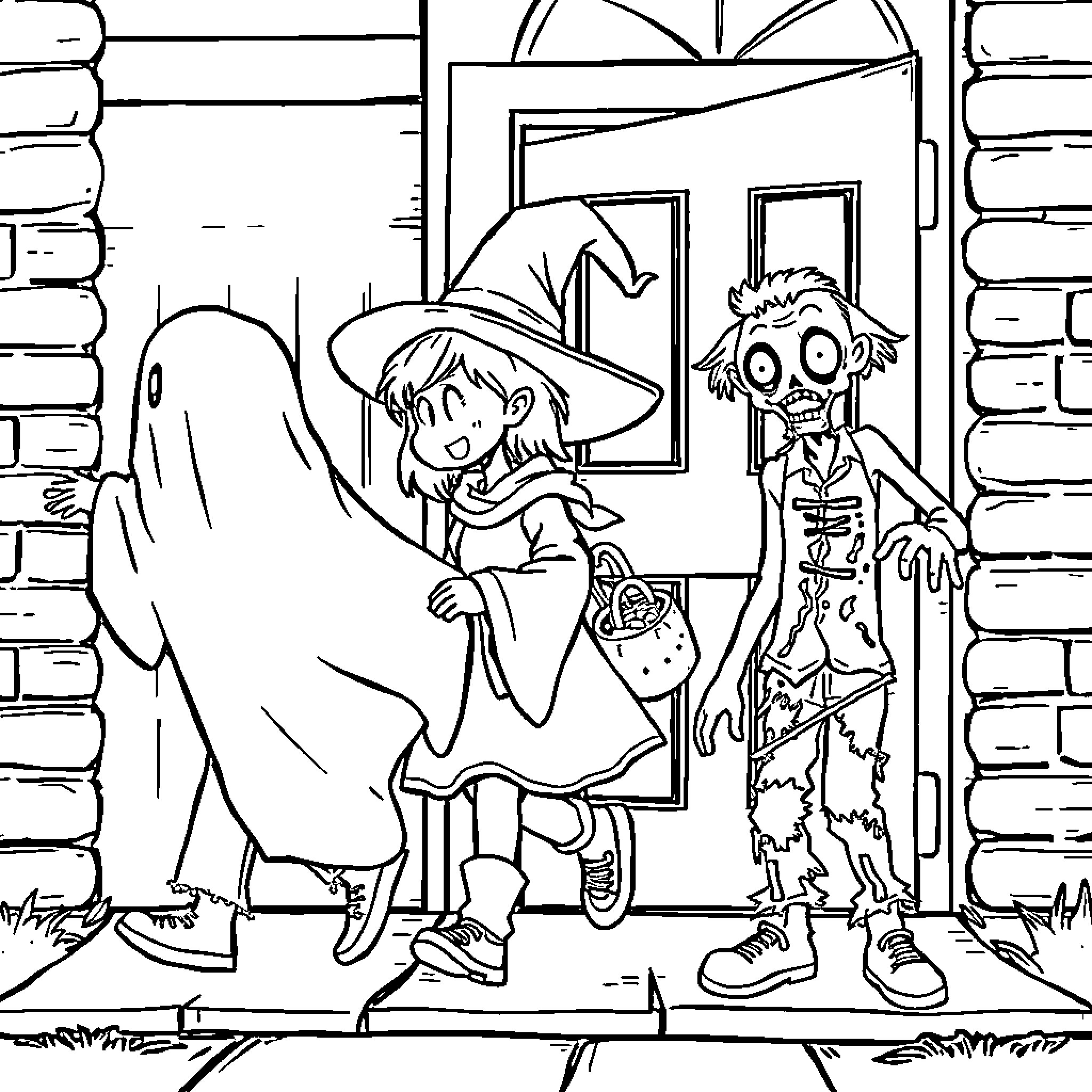 Child Trick-or-Treating with Spooky Friend Coloring Page (free black-and-white line drawing printable PDF for all, from beginners to advanced learners, including children, teens, adults, and seniors)