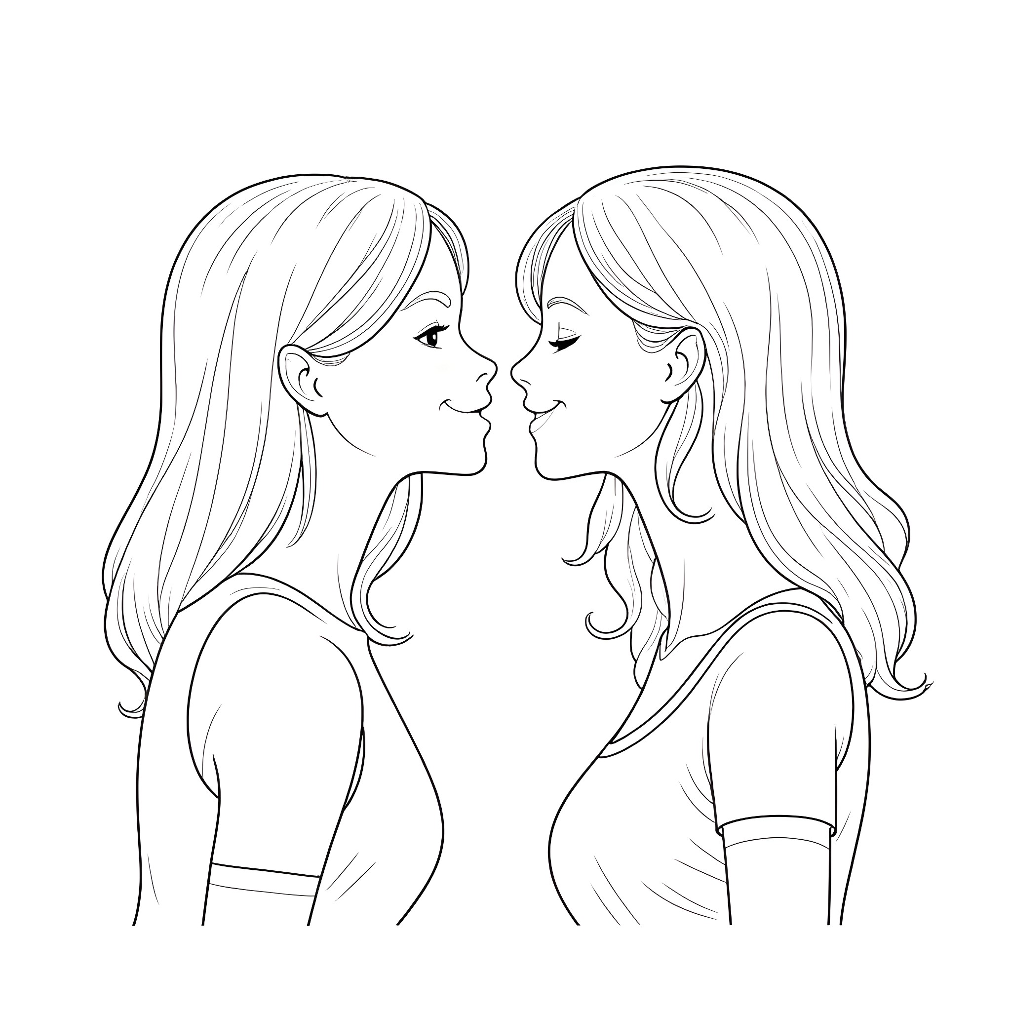 Girls facing each other with happy expressions Coloring Page (free black-and-white line drawing printable PDF for all, from beginners to advanced learners, including children, teens, adults, and seniors)