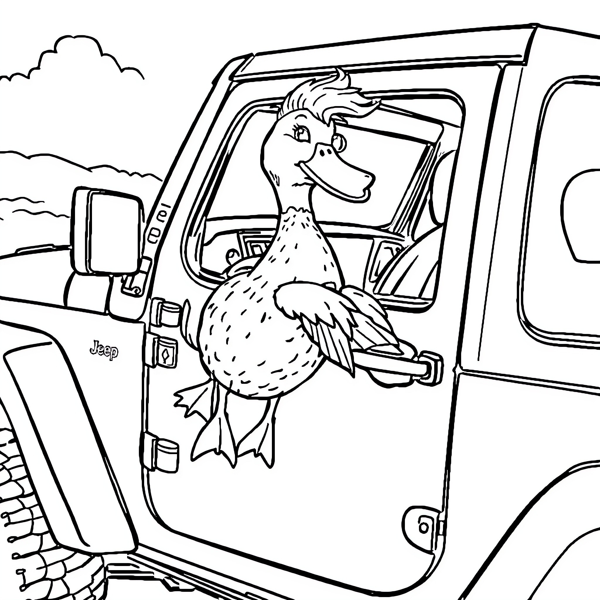 Duck riding happily in the vehicle Coloring Page (free black-and-white line drawing printable PDF for all, from beginners to advanced learners, including children, teens, adults, and seniors)
