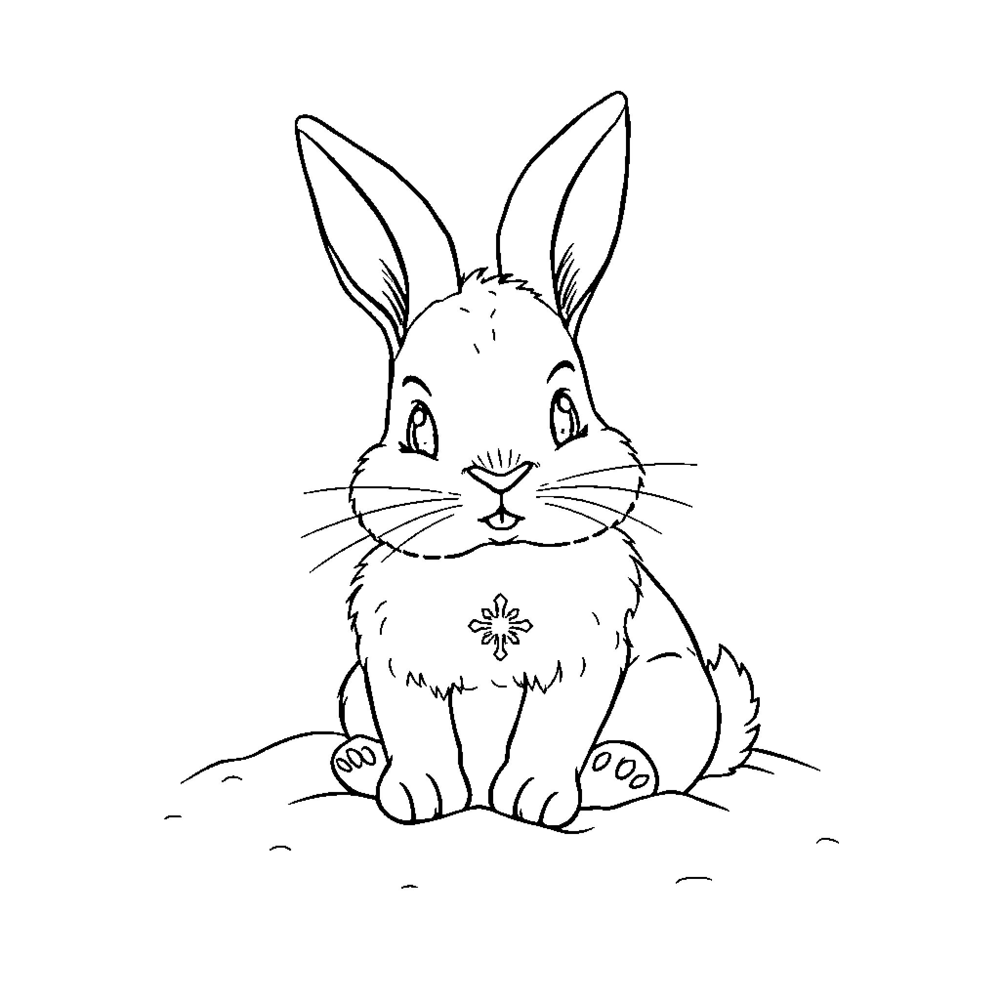Bunny with big ears sitting in nature Coloring Page (free black-and-white line drawing printable PDF for all, from beginners to advanced learners, including children, teens, adults, and seniors)